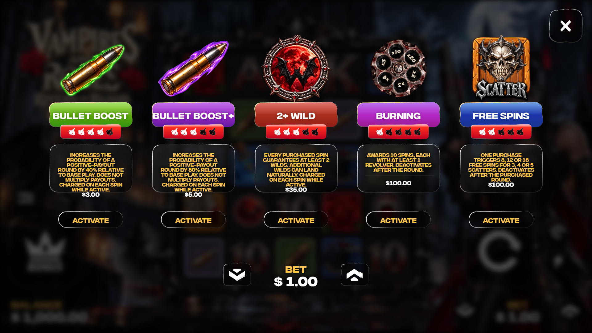 Vampires and Roses: Rivers of Blood bonus buy menu