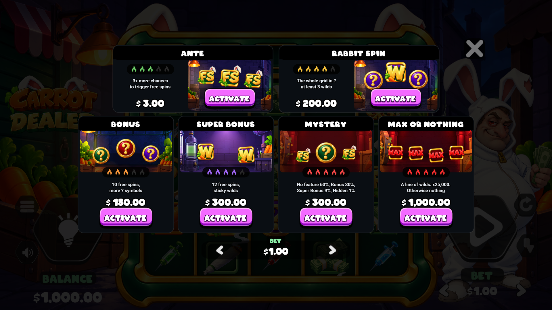 Carrot Dealer bonus buy menu