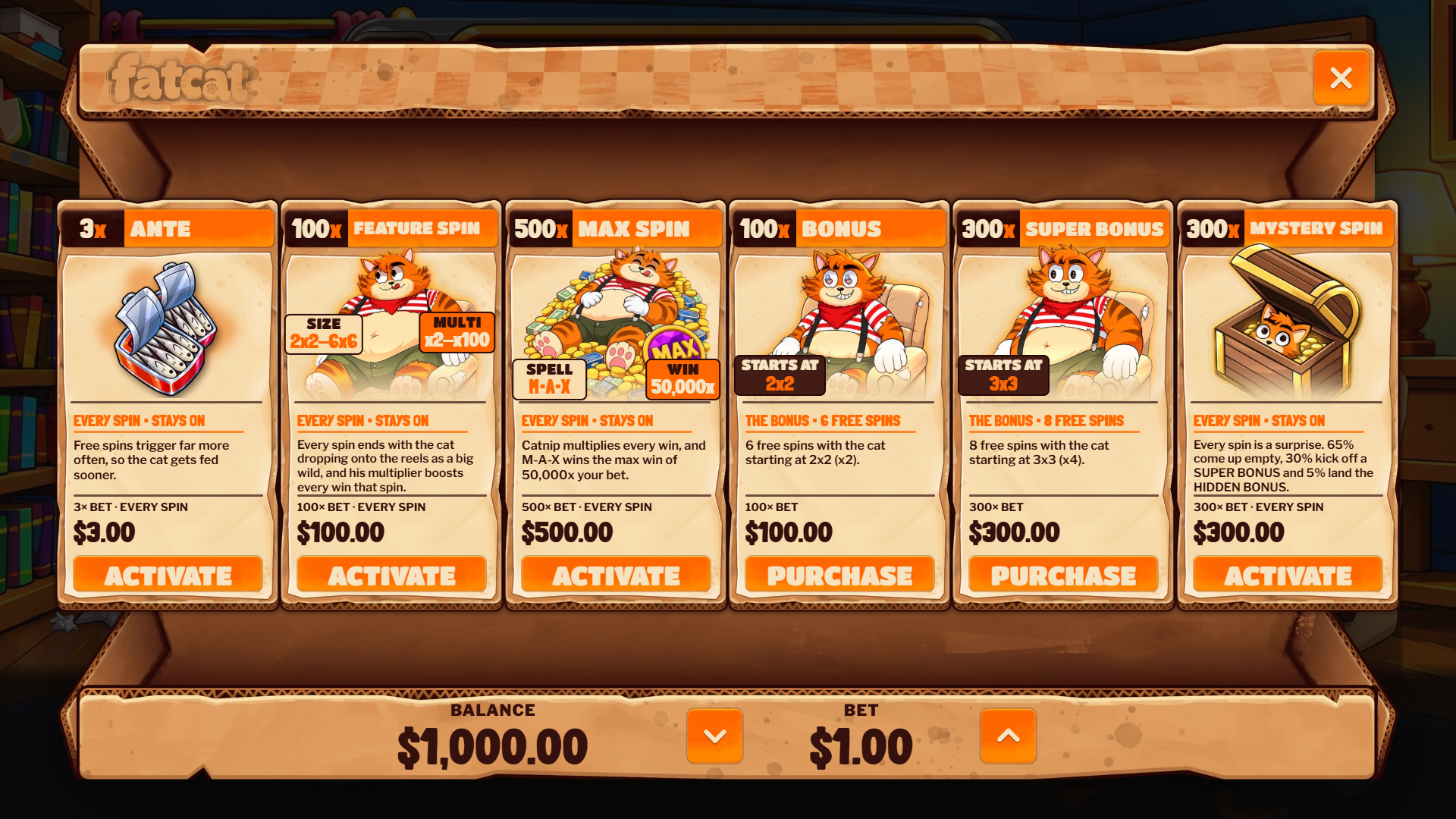 Fat Cat bonus buy menu