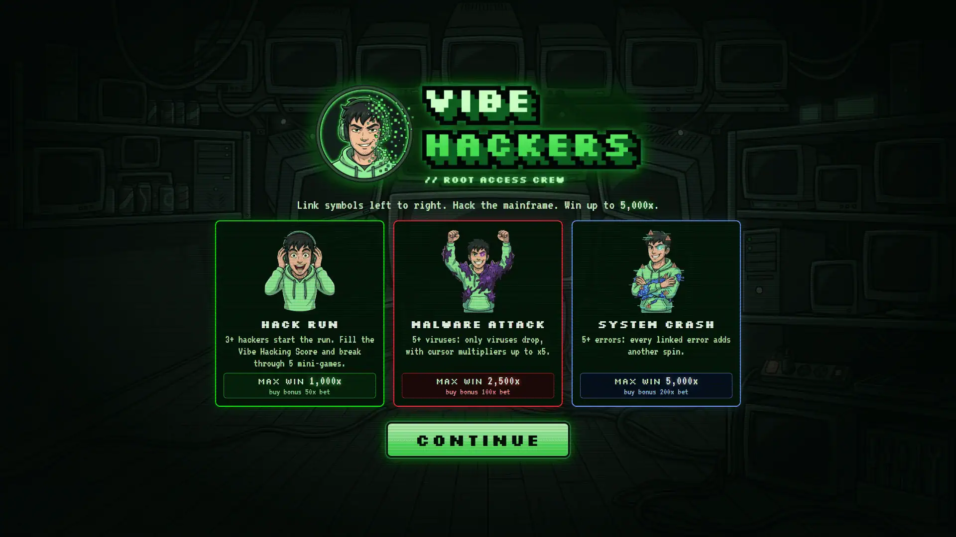 Vibe Hackers slot intro screen