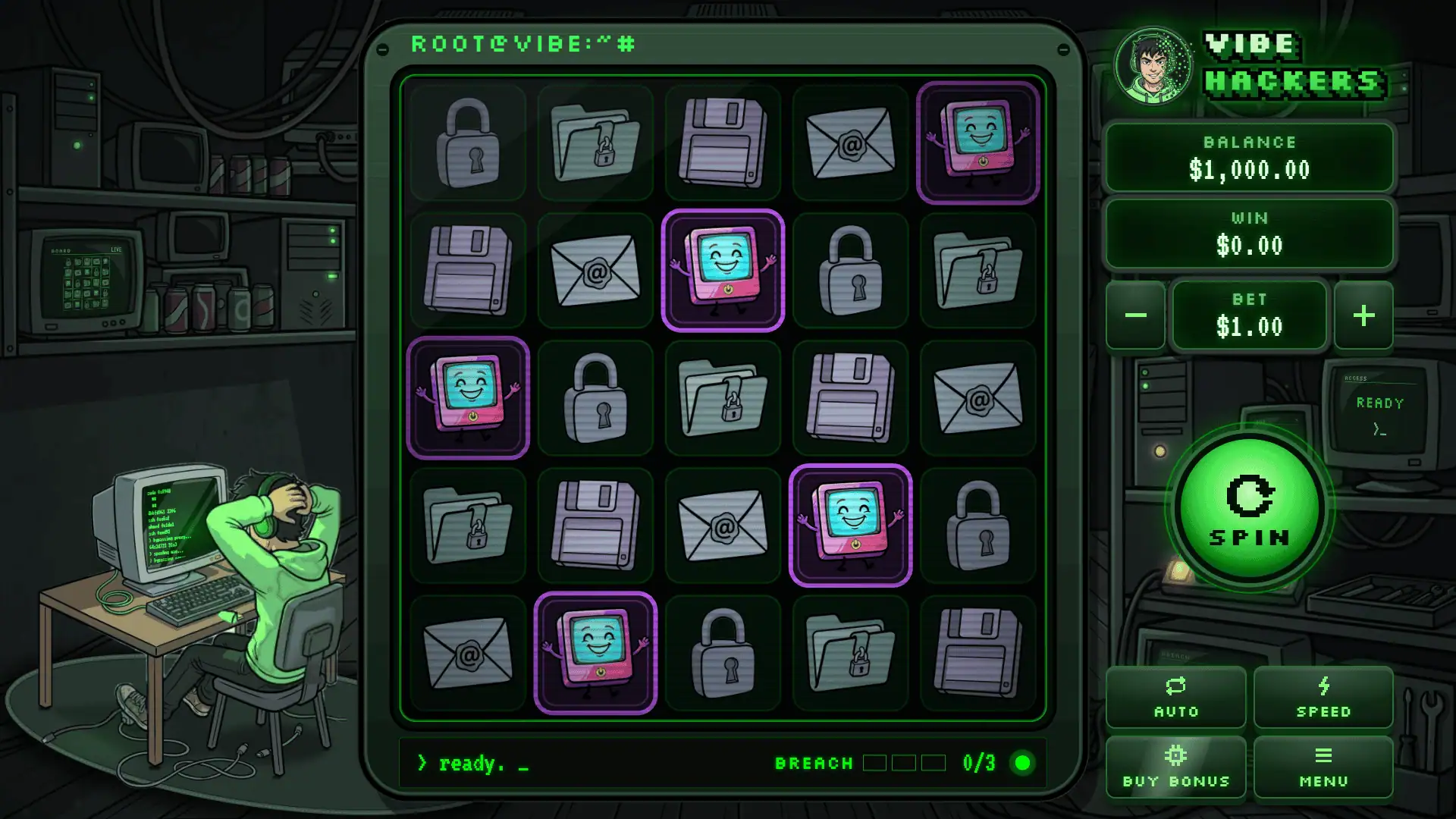 Vibe Hackers slot gameplay reels