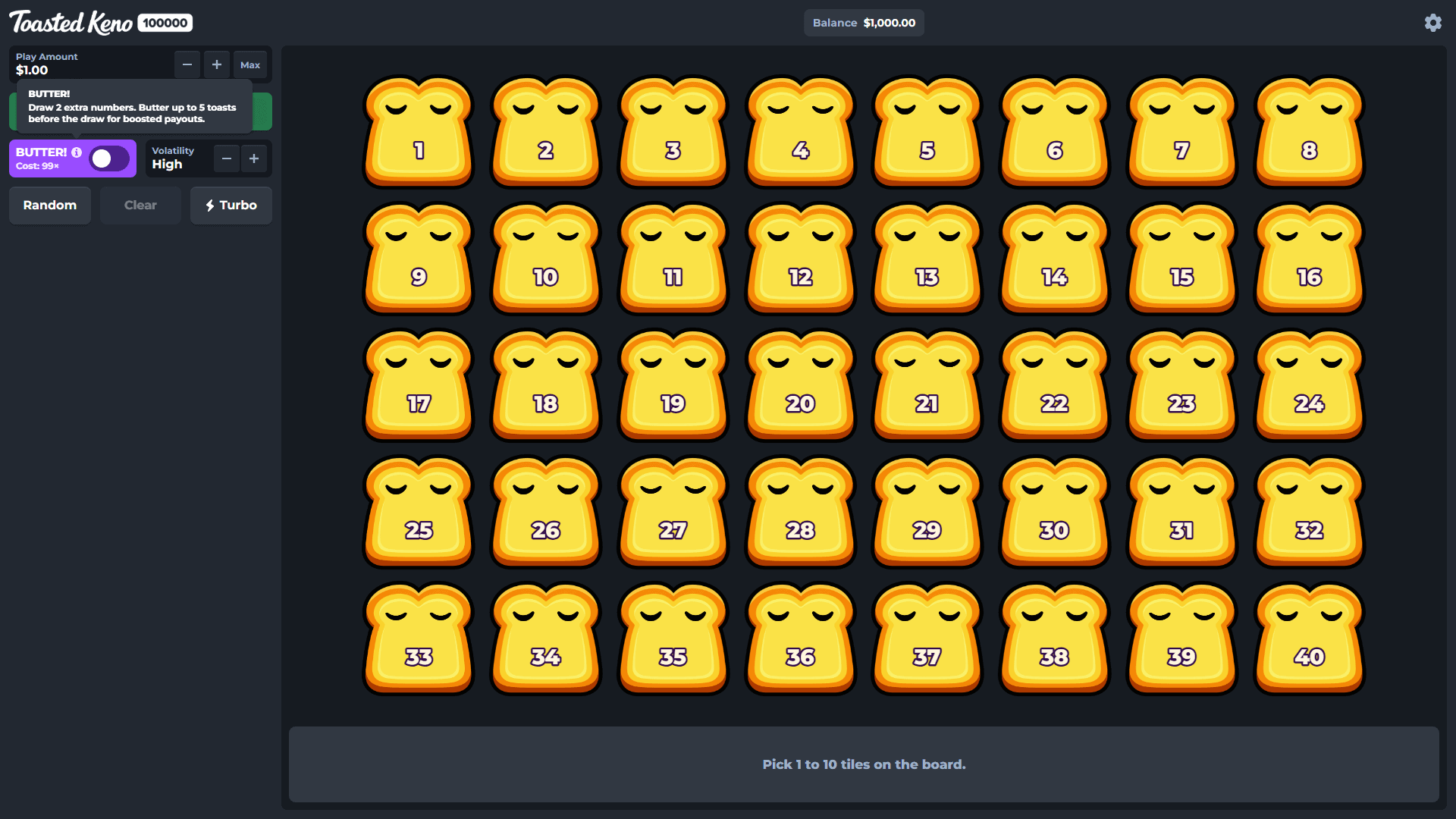 Toasted Keno 100000 bonus buy menu