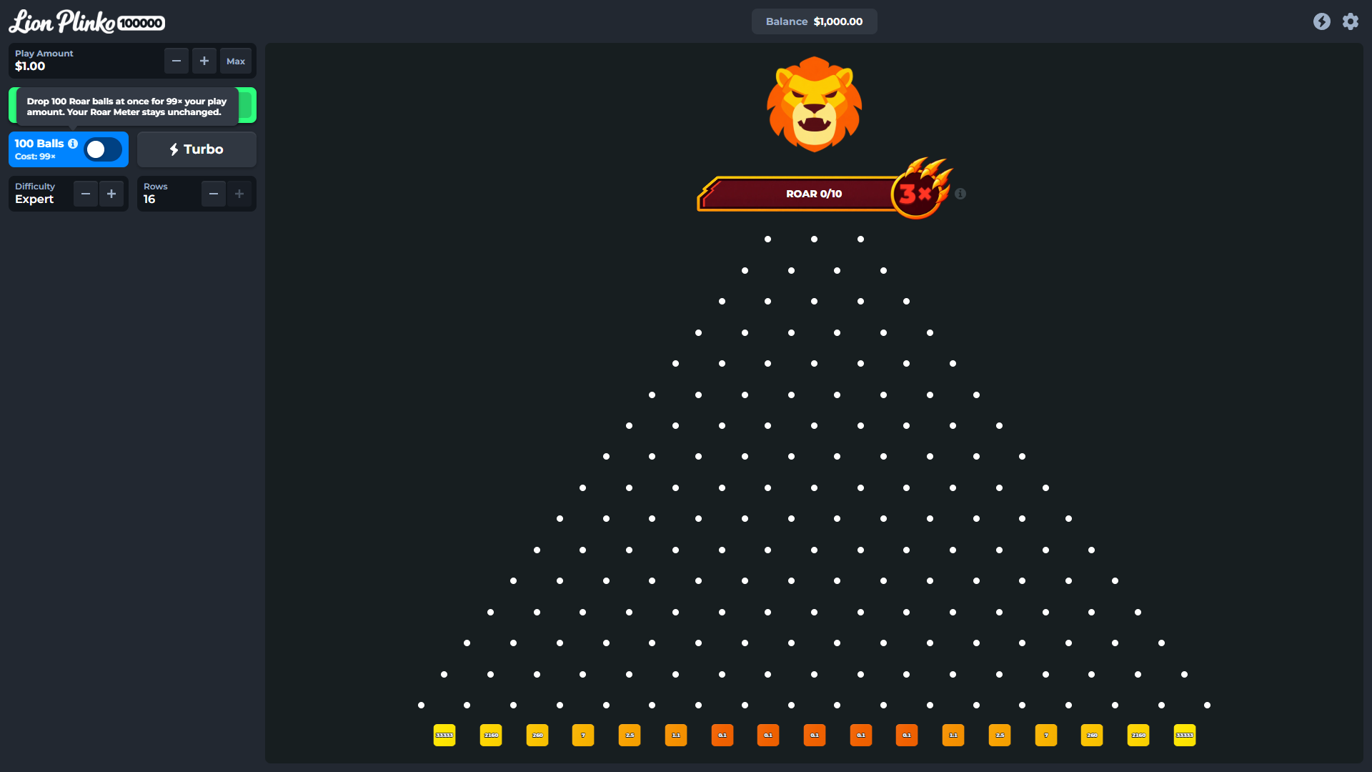 Lion Plinko 100000 100 Balls mode and its cost