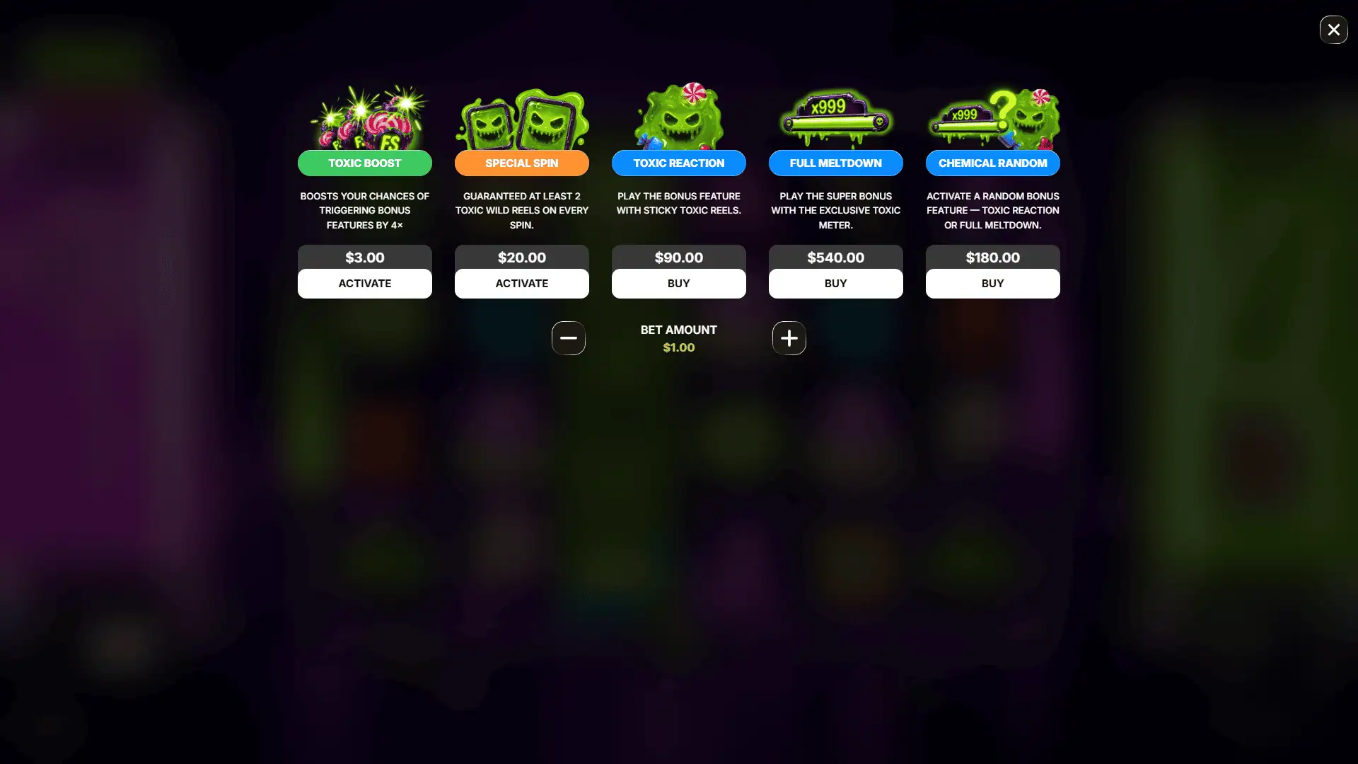 Toxic Treats bonus buy menu