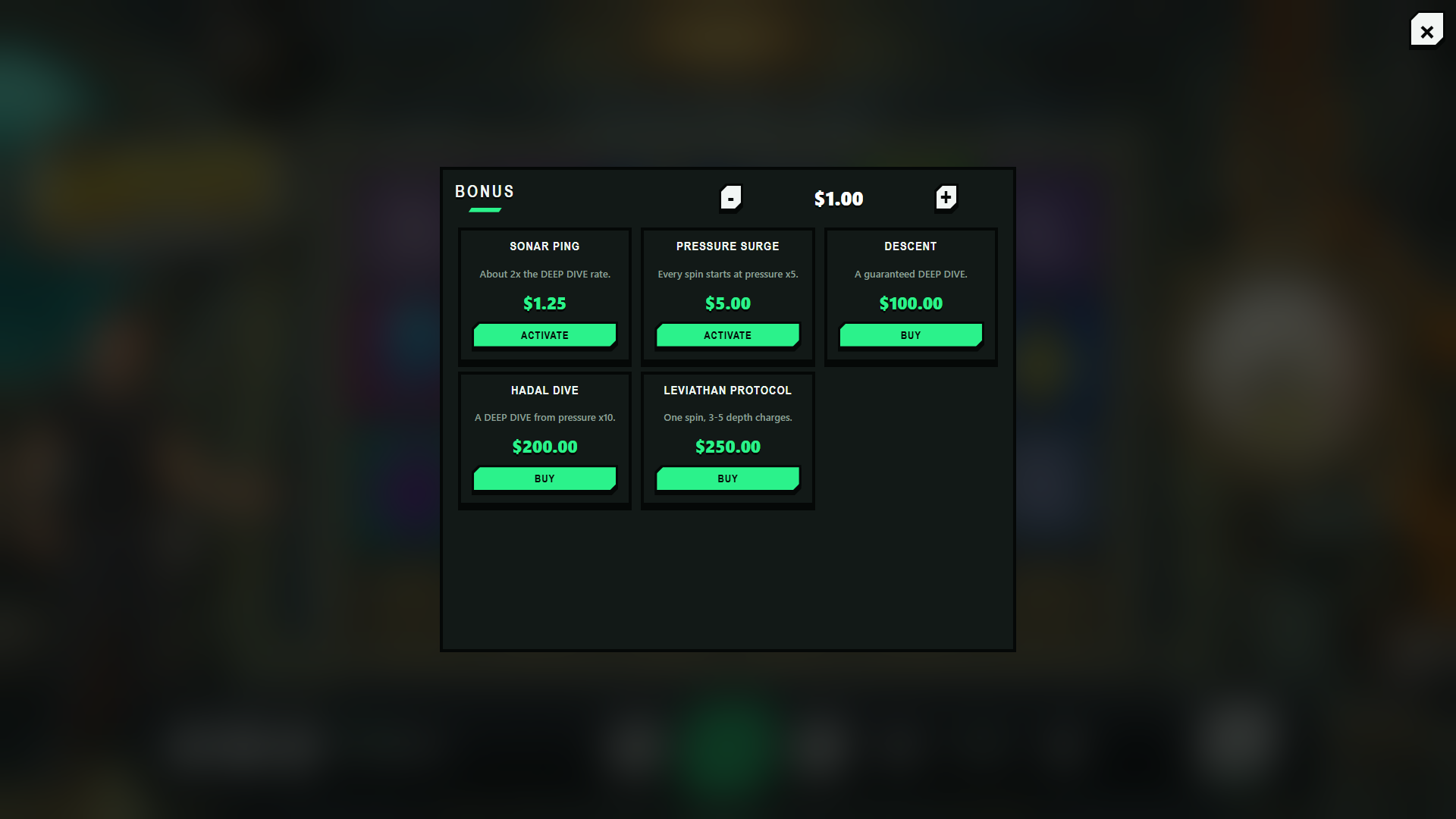 Abyss Protocol bonus buy menu