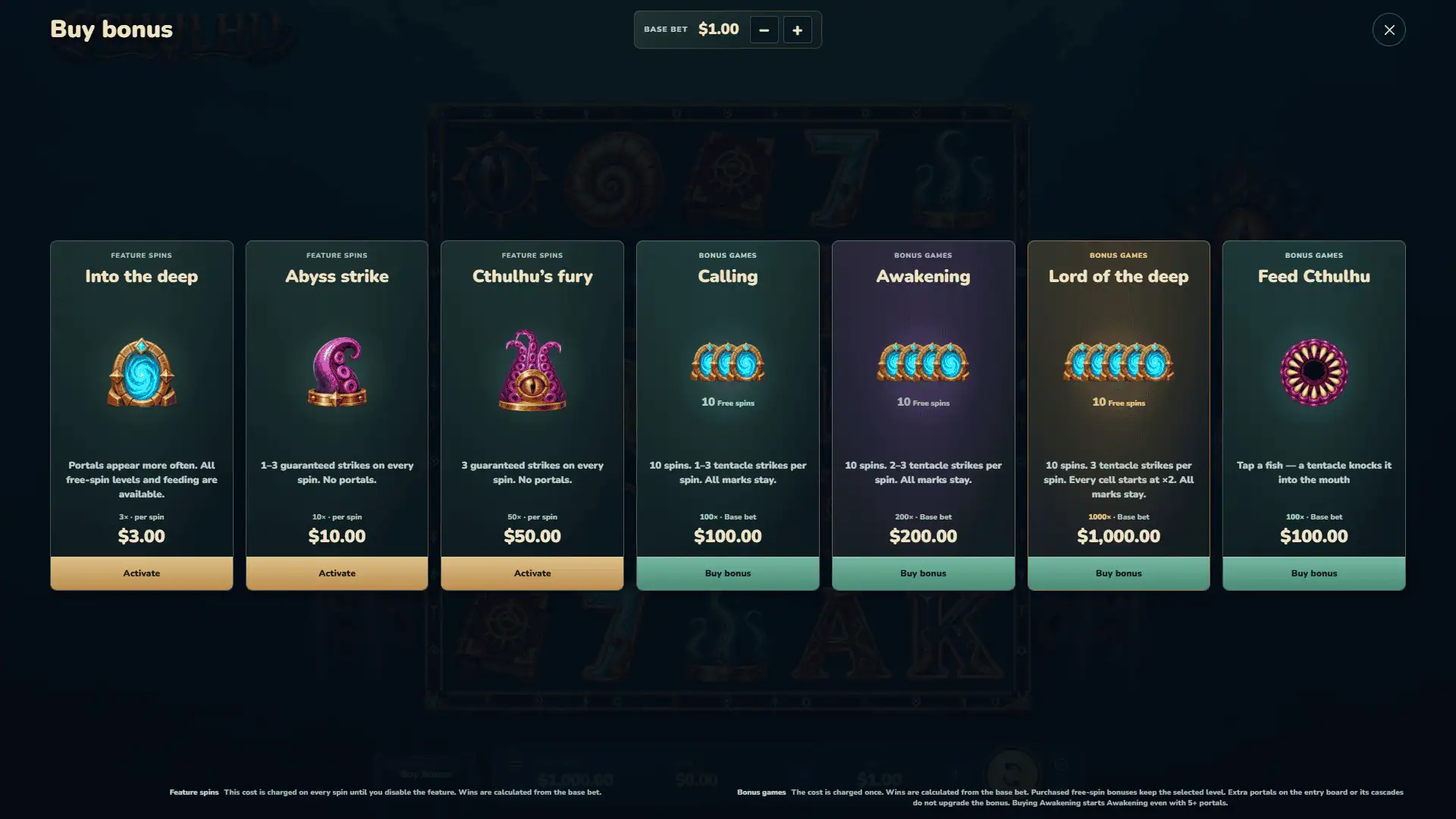Cthulhu bonus buy menu