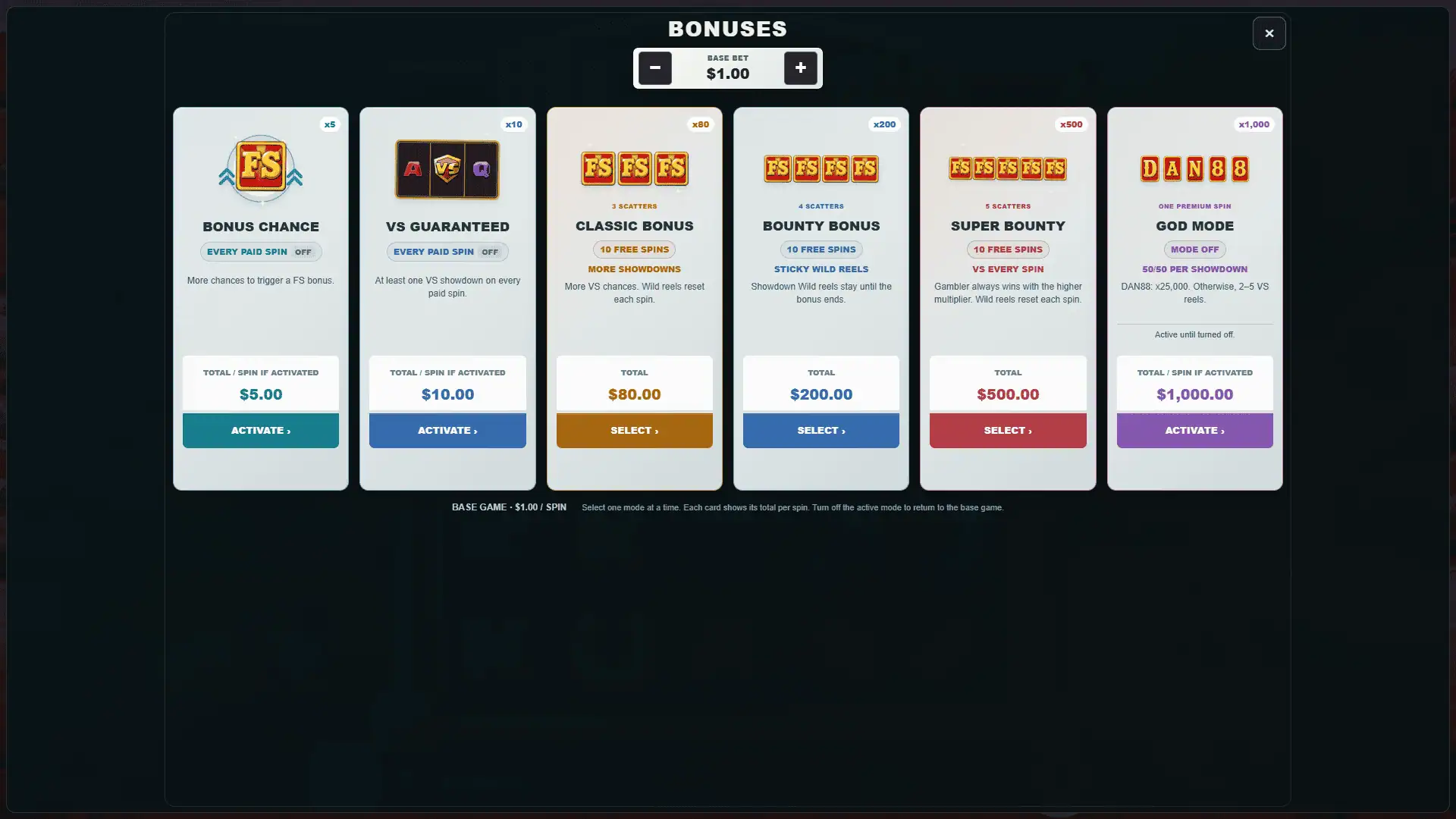 Horse VS Gambler bonus buy menu
