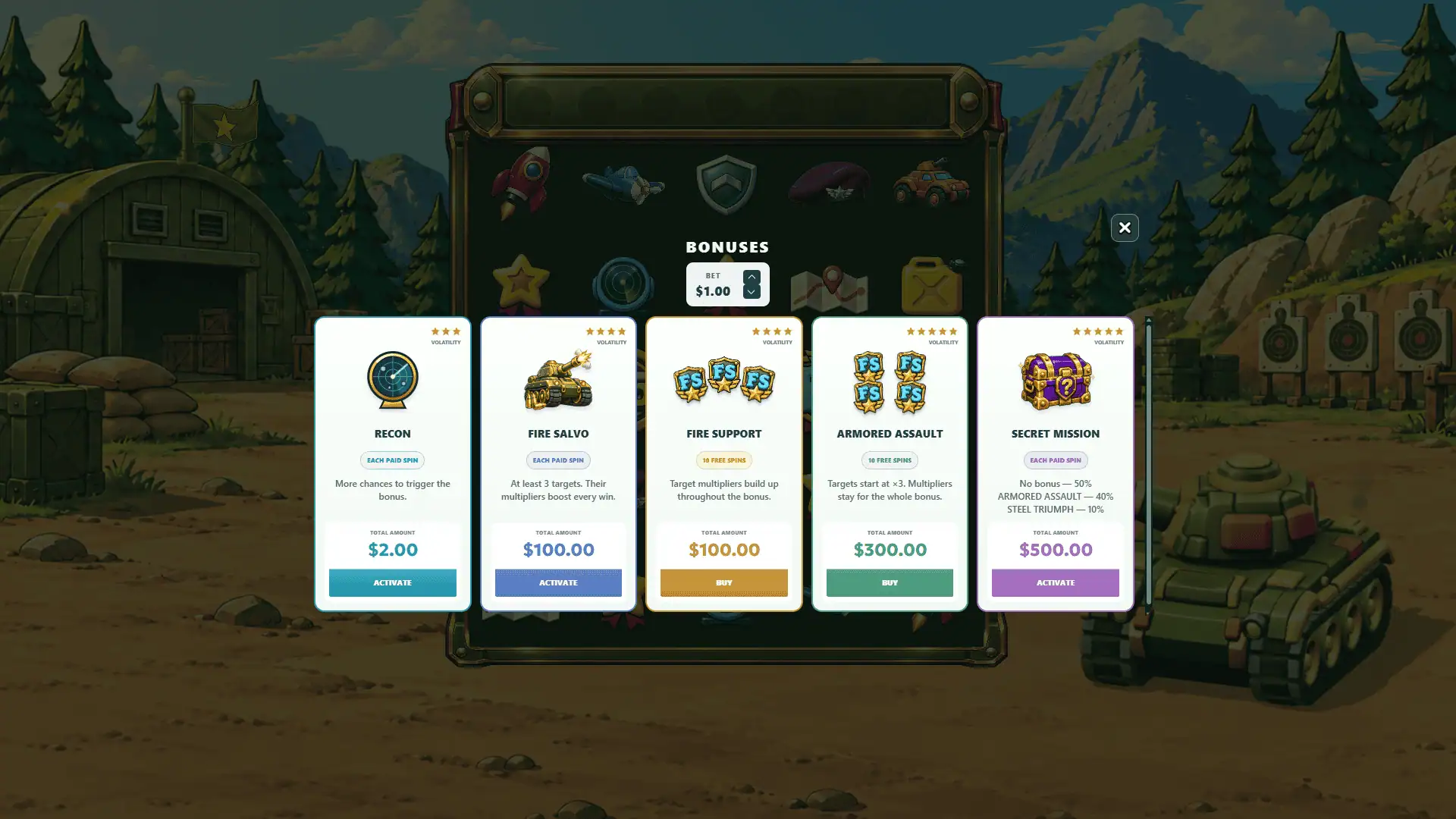 Toy Tank bonus buy menu