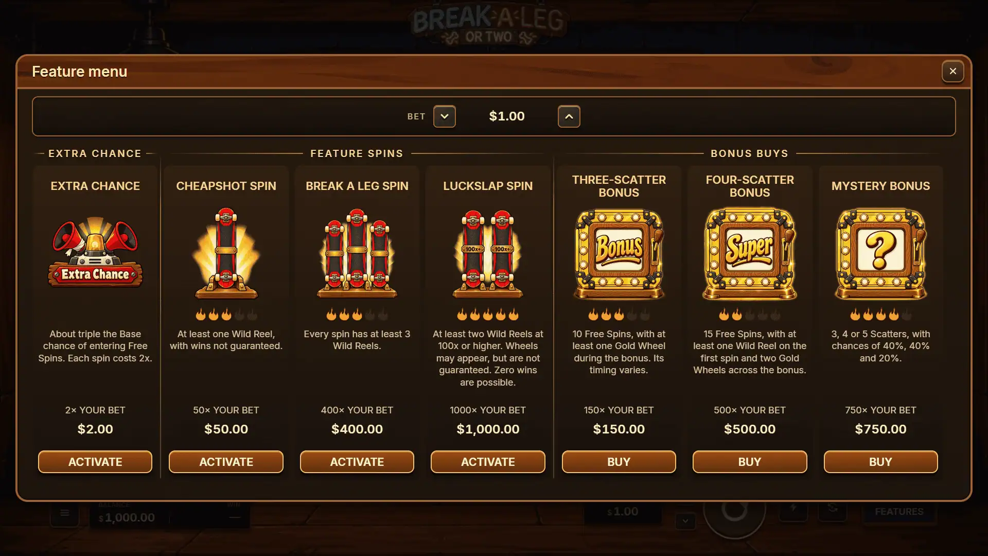Break a Leg or Two bonus buy menu
