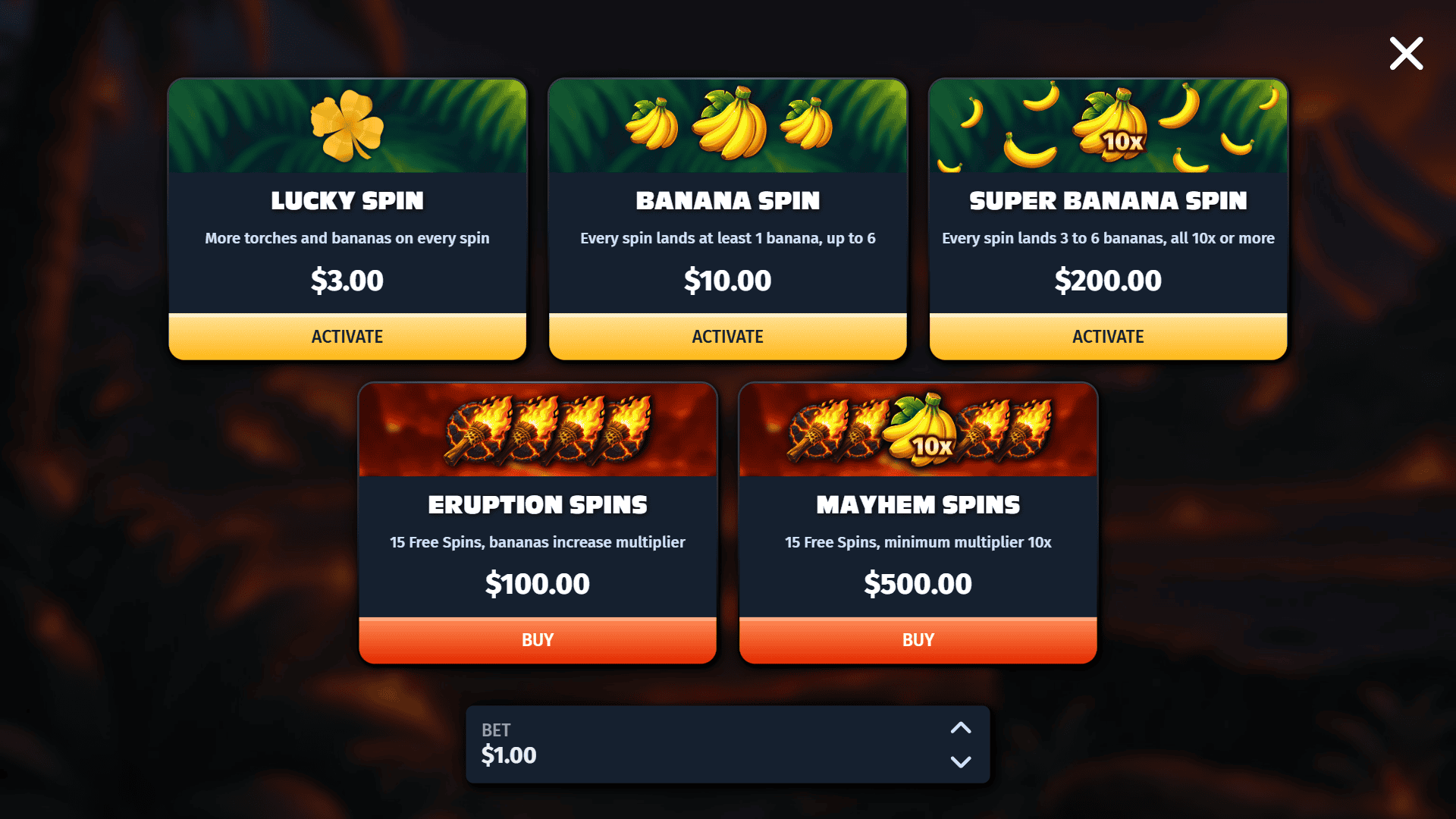 Volcano Mayhem bonus buy menu