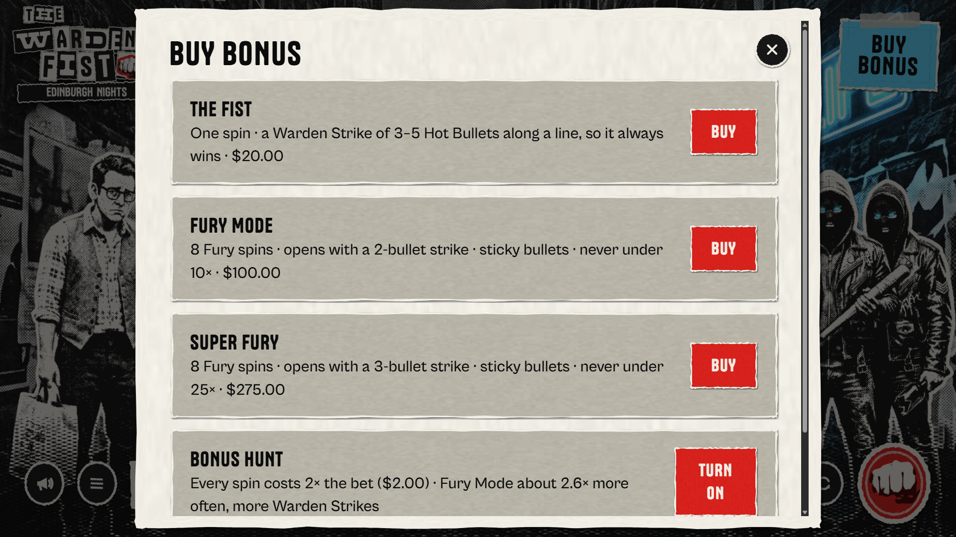 The Warden's Fist bonus buy menu