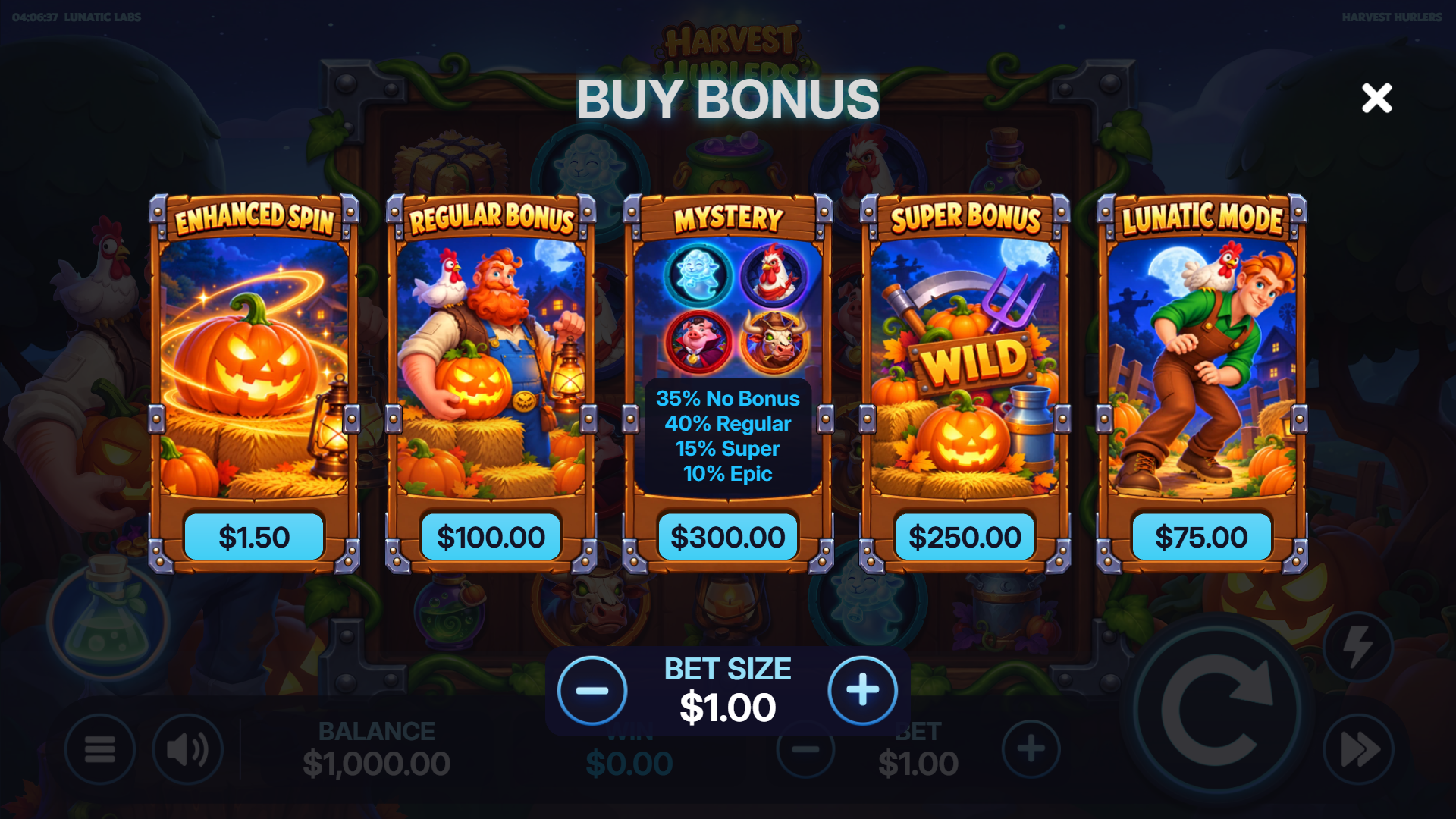 Harvest Hurlers bonus buy menu