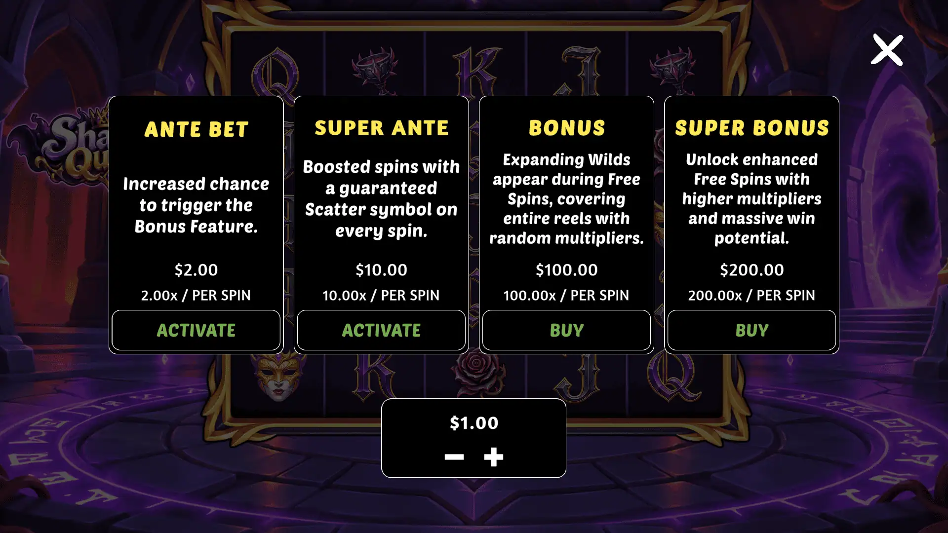 Shadow Queen bonus buy menu