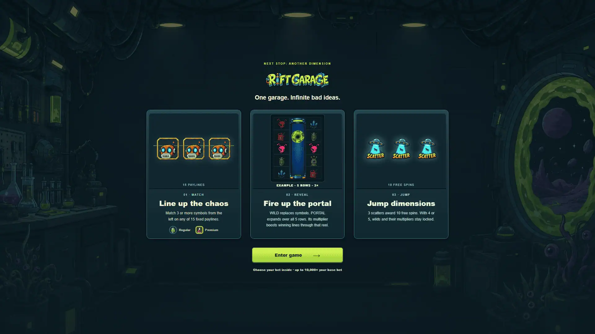Rift Garage slot intro screen