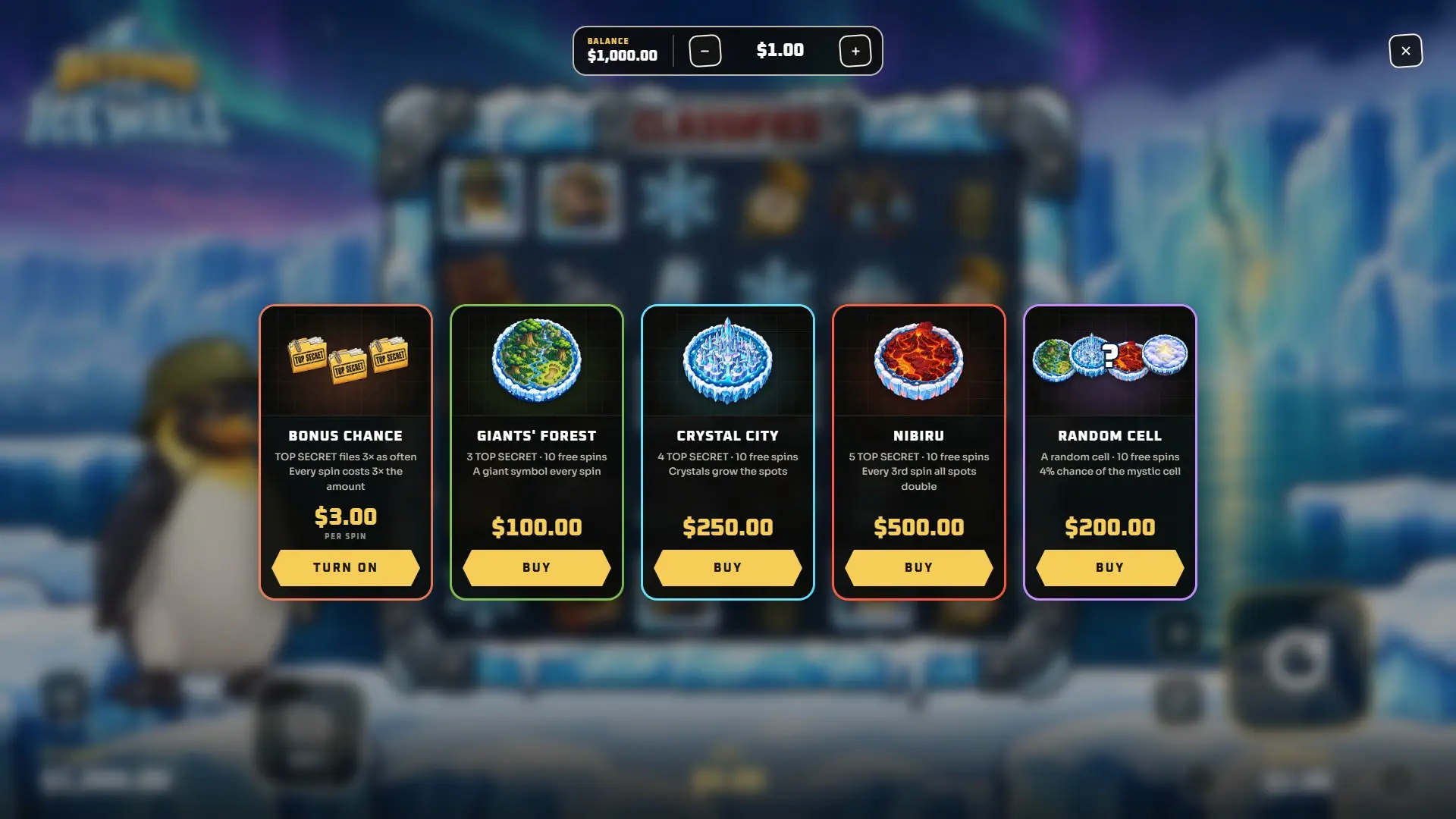 Beyond The Ice Wall bonus buy menu