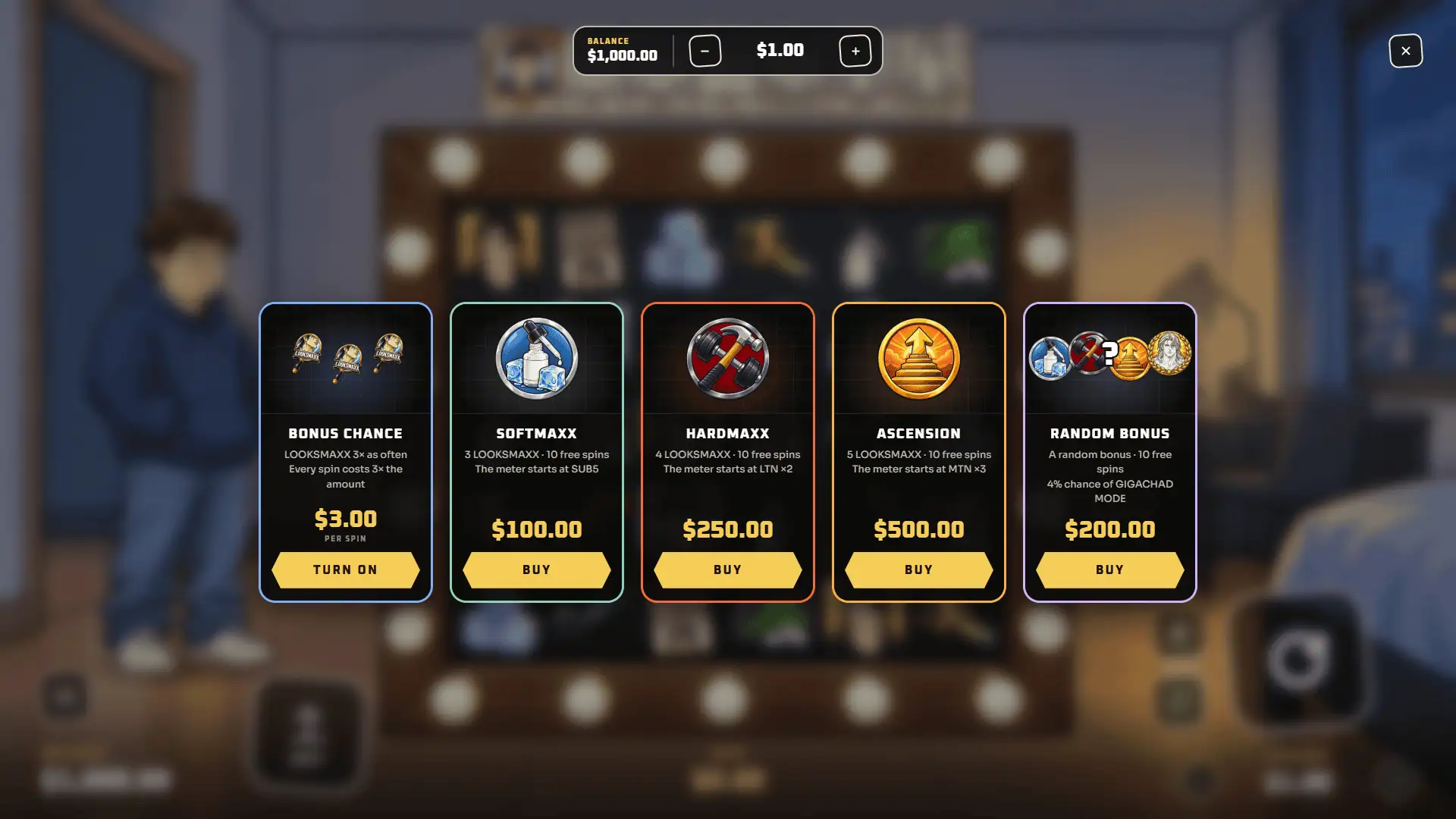 Looksmaxxing Mogger bonus buy menu