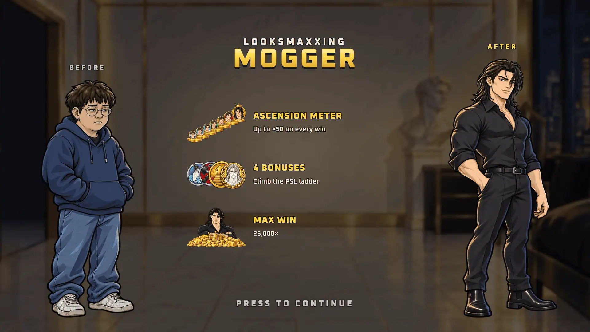 Looksmaxxing Mogger slot intro screen