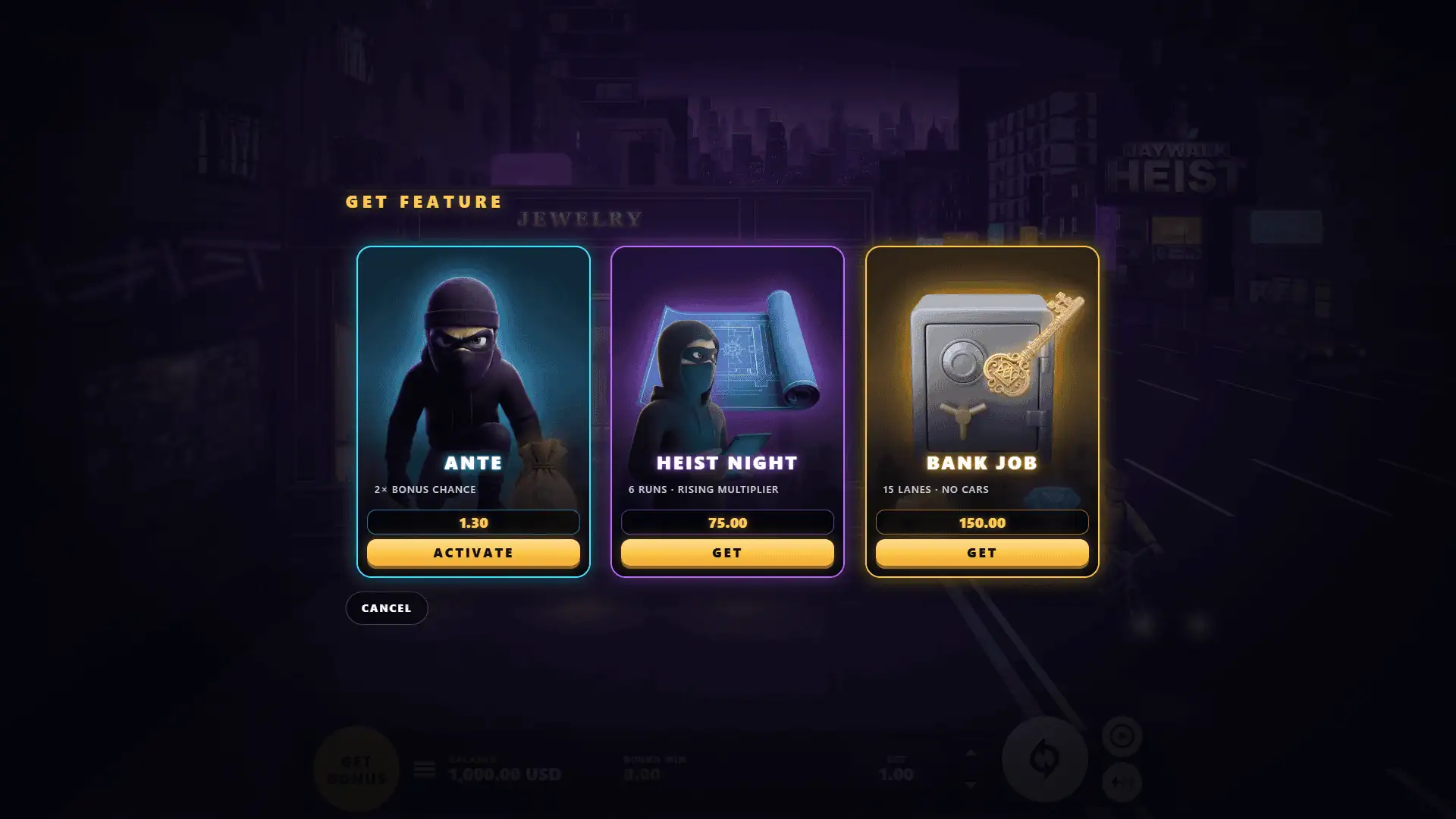 Jaywalk Heist bonus buy menu