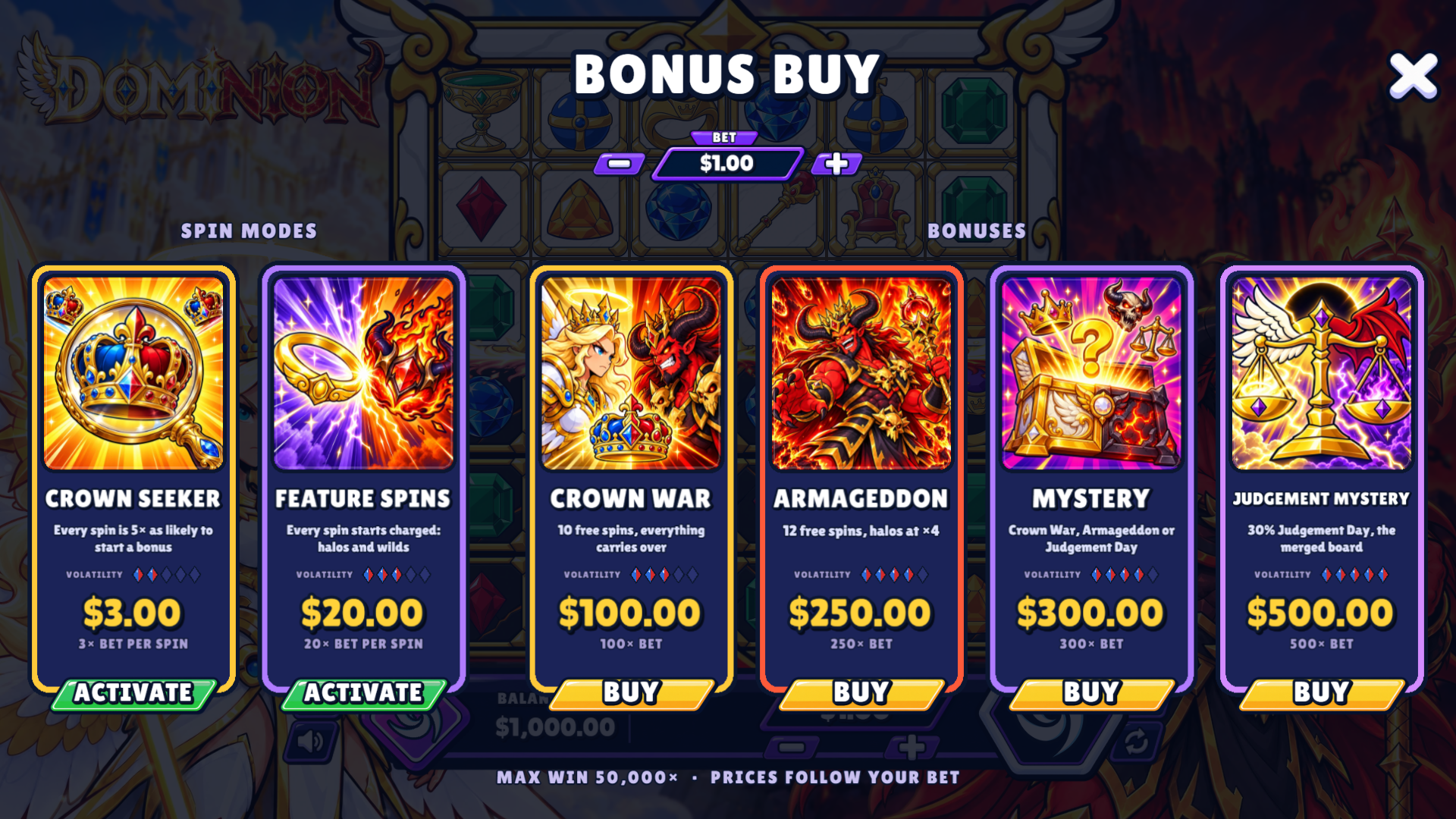 Dominion bonus buy menu