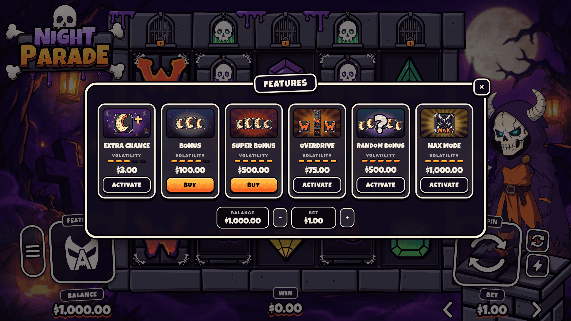 Night Parade bonus buy menu
