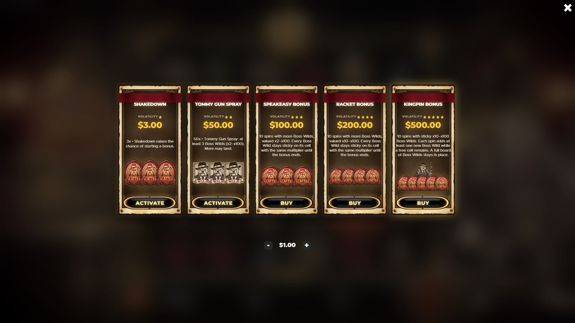 Bootleg Kingpin bonus buy menu