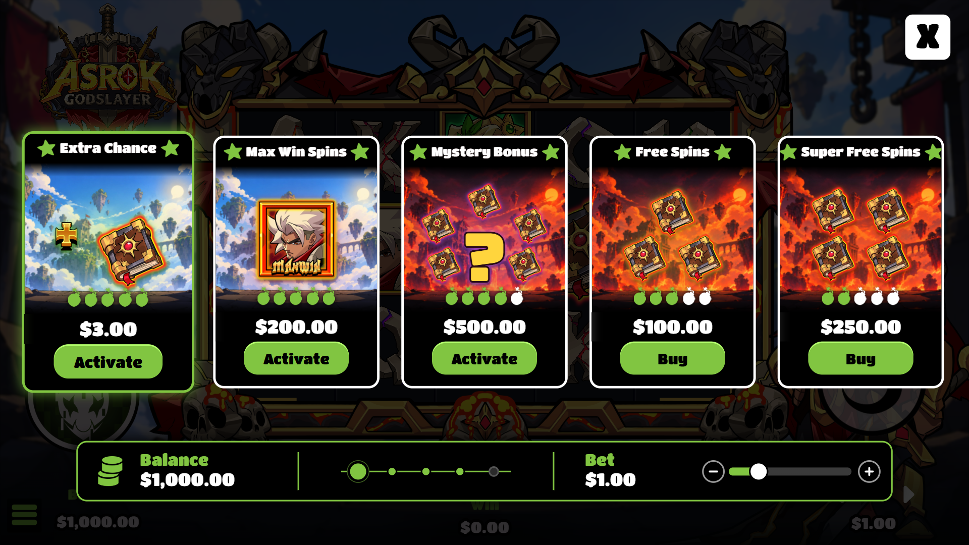 Asrok bonus buy menu