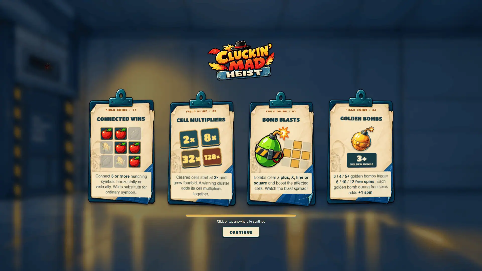 Cluckin Mad Heist slot intro screen