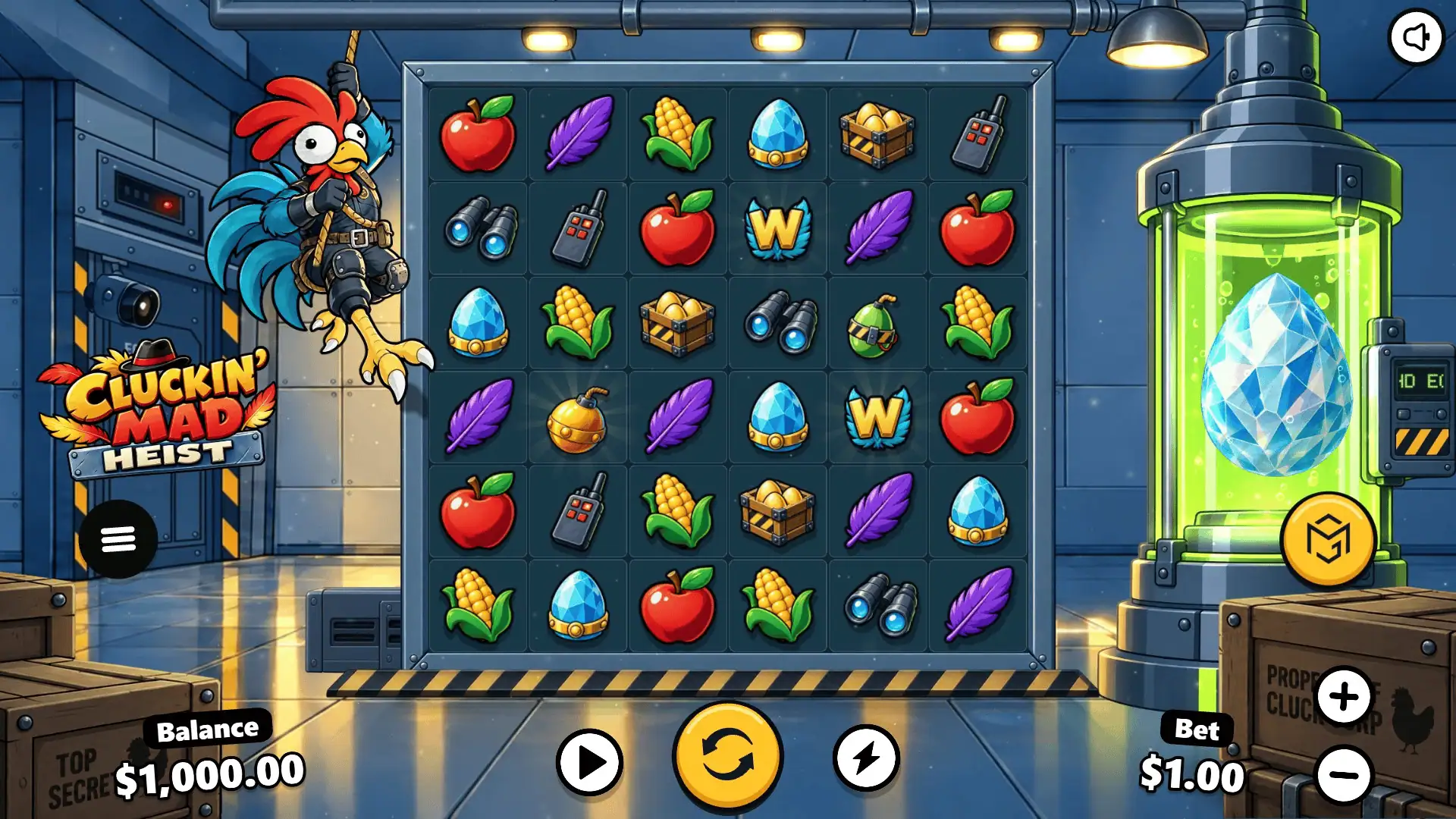 Cluckin Mad Heist slot gameplay reels