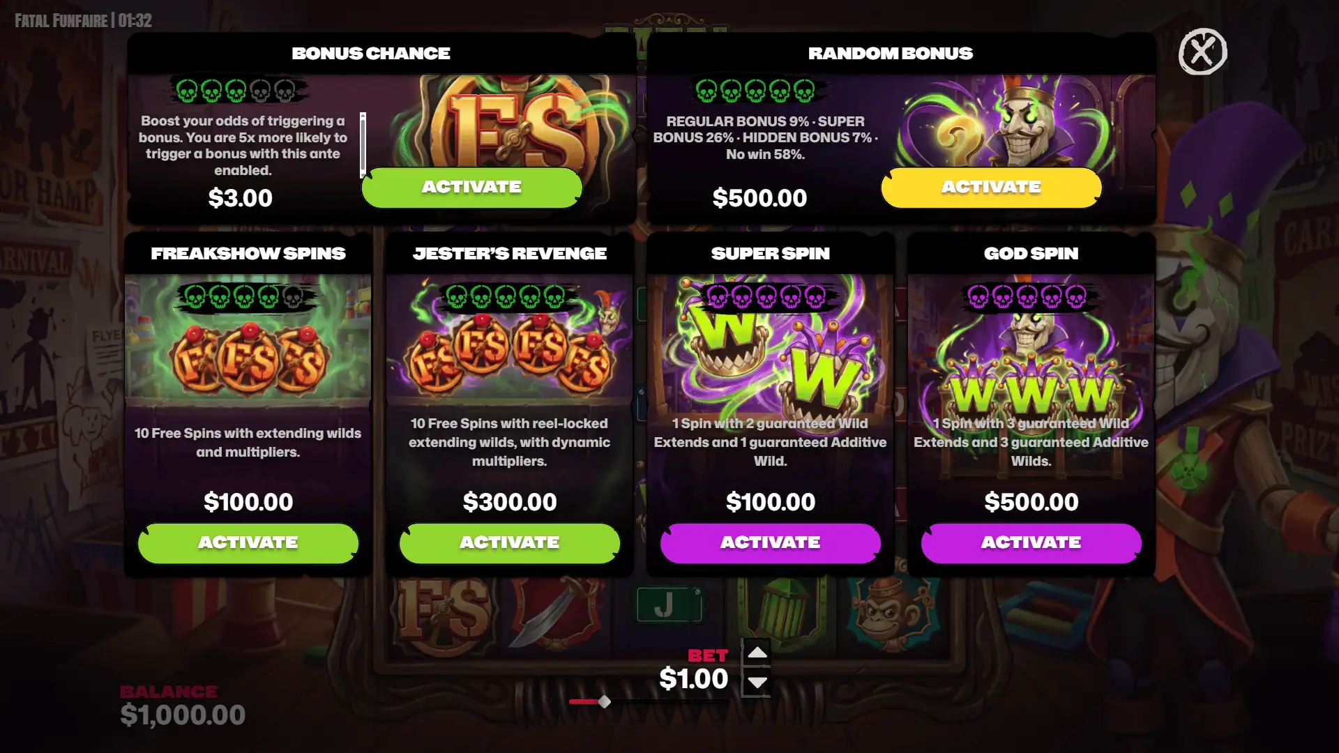 Fatal Funfair bonus buy menu