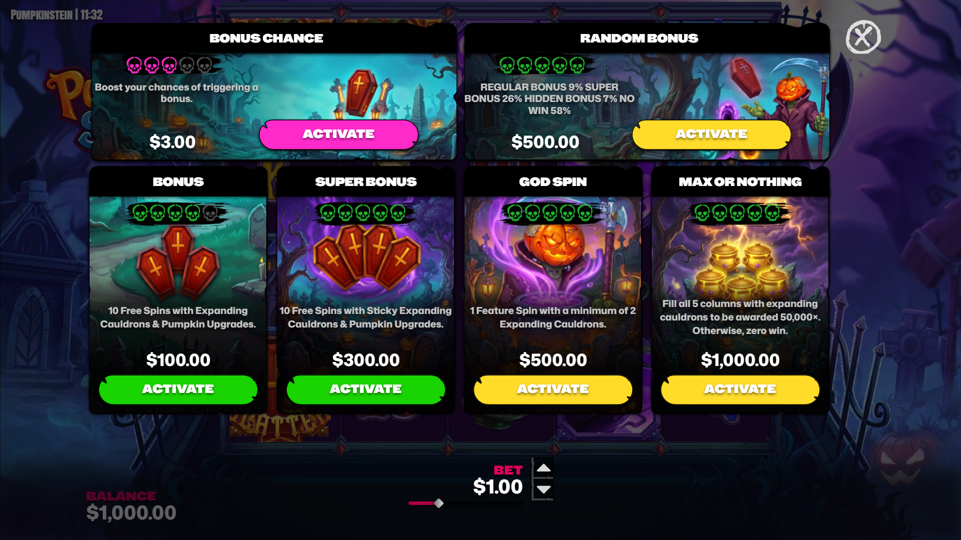 Pumpkinstein bonus buy menu