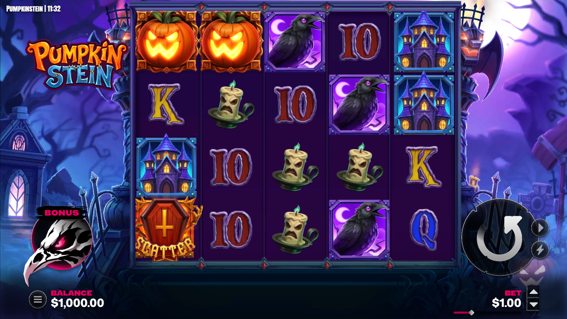 Pumpkinstein slot gameplay reels