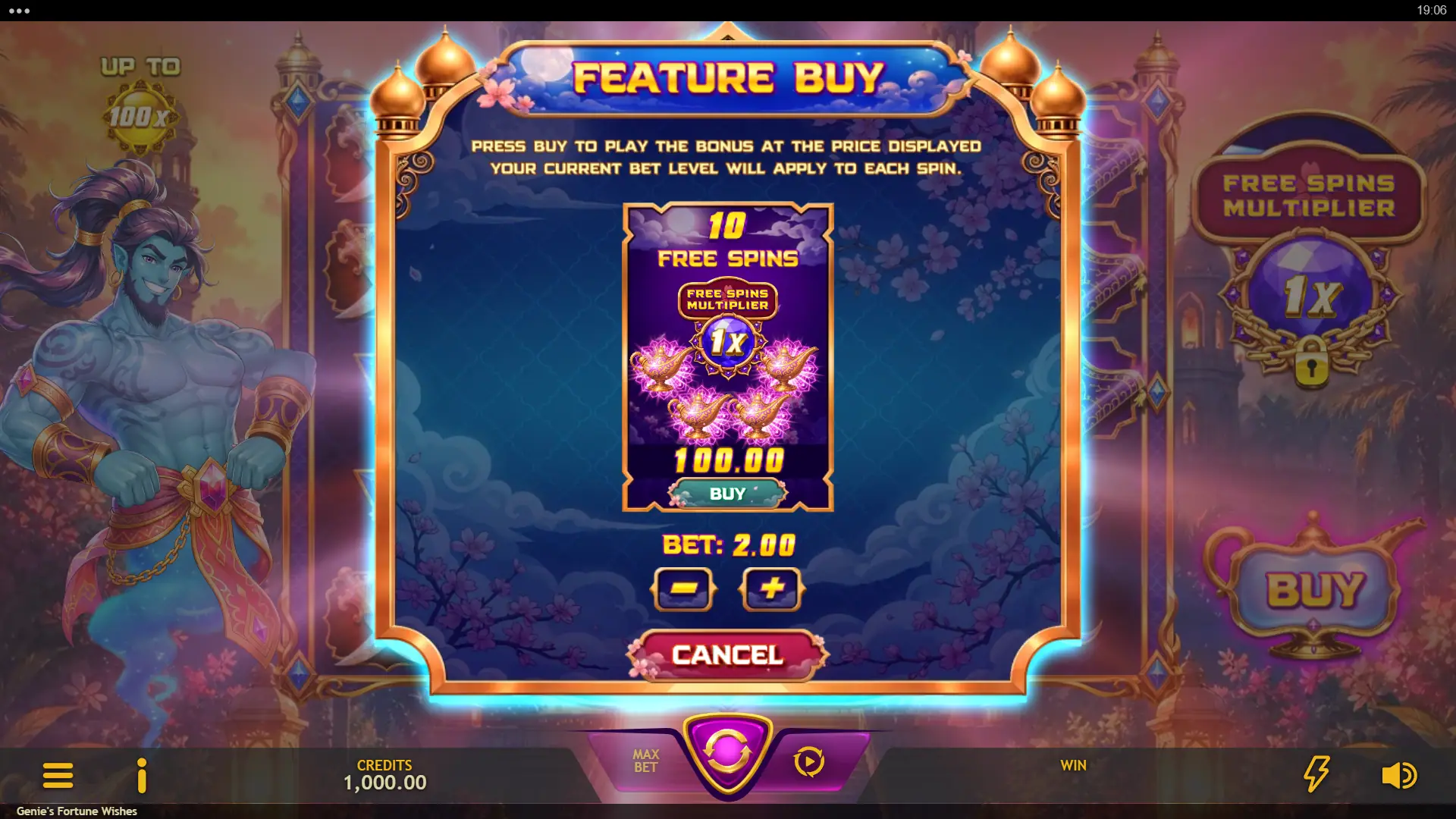 Genie’s Fortune Wishes bonus buy menu