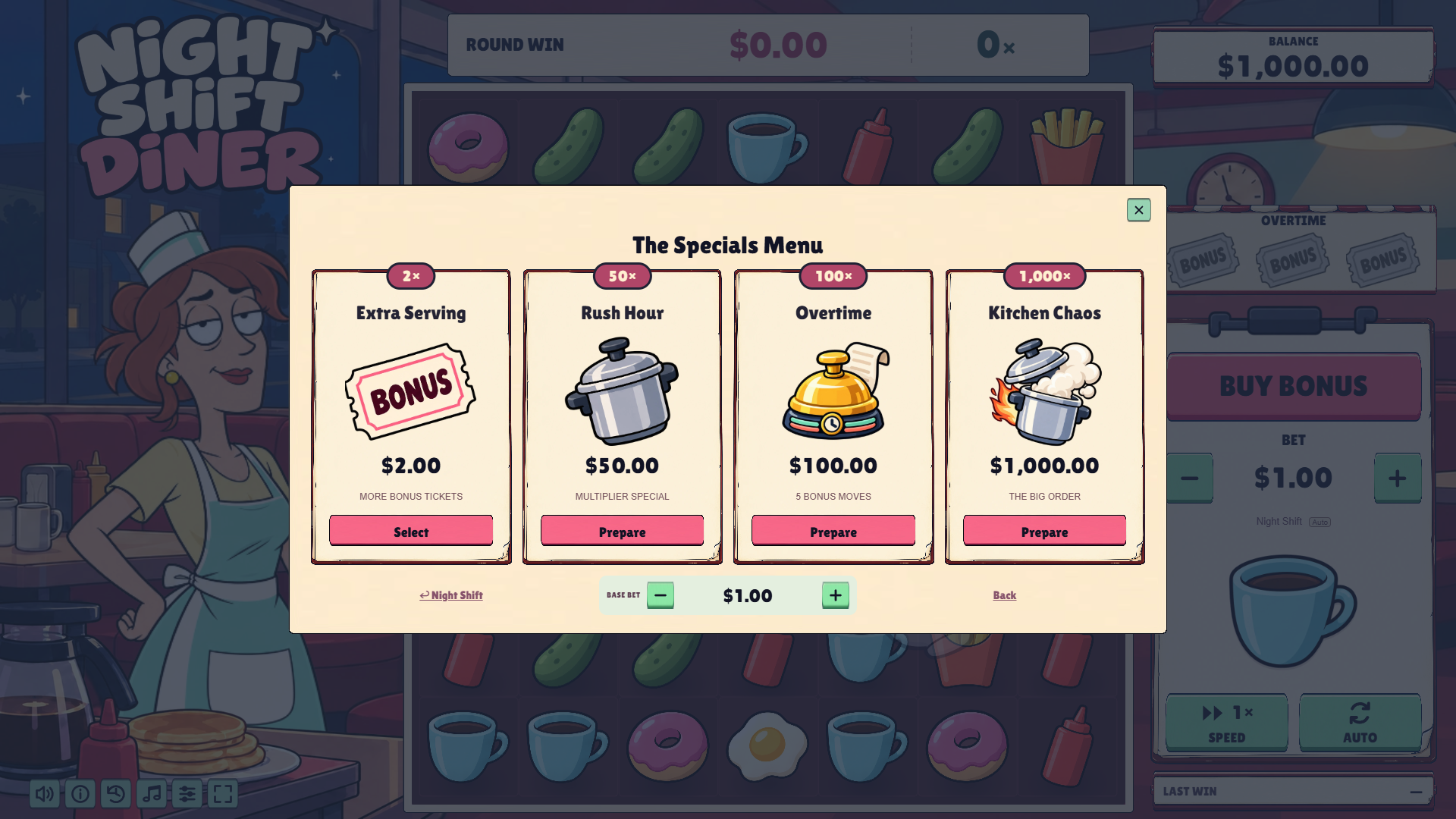 Night Shift Diner bonus buy menu