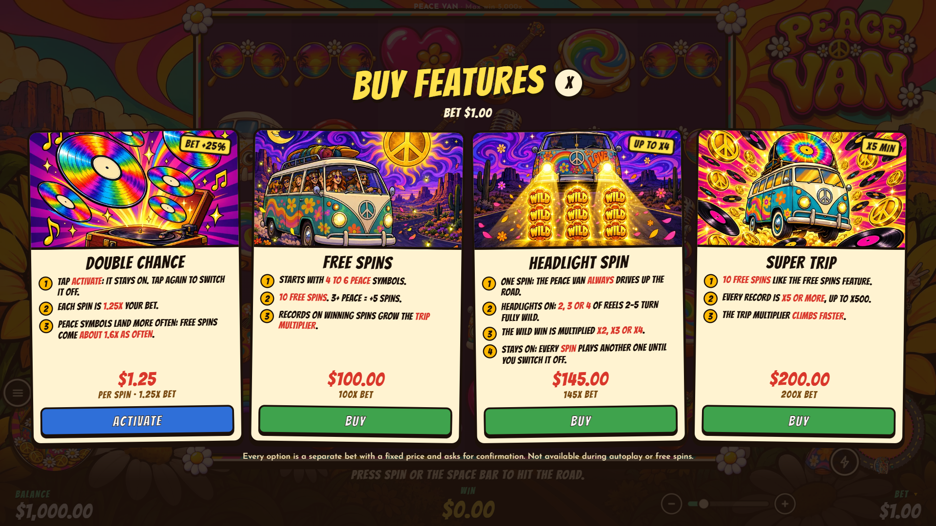 Peace Van bonus buy menu