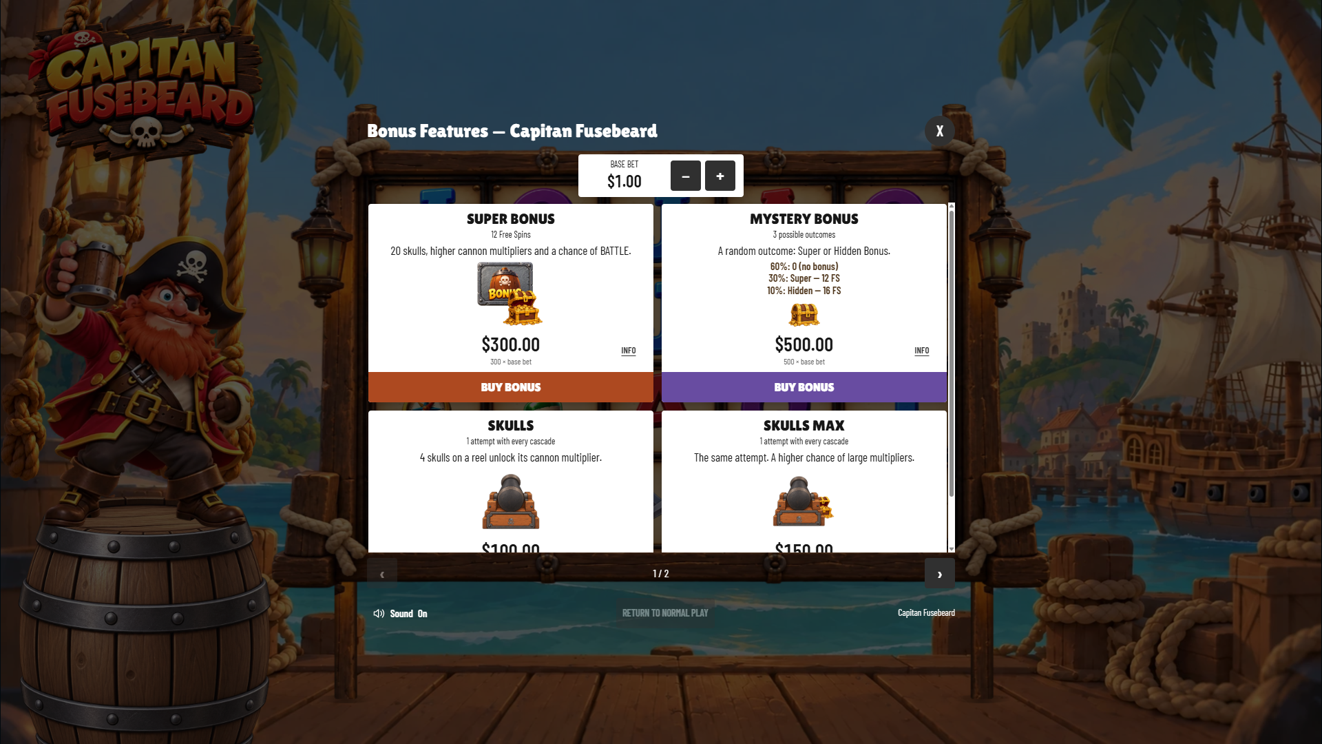 Capitan Fusebeard bonus buy menu
