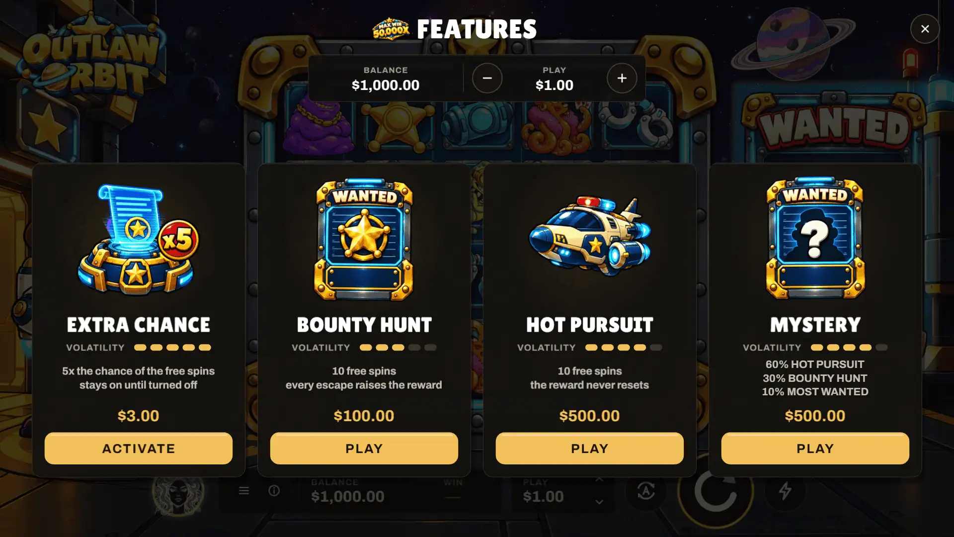 Outlaw Orbit bonus buy menu