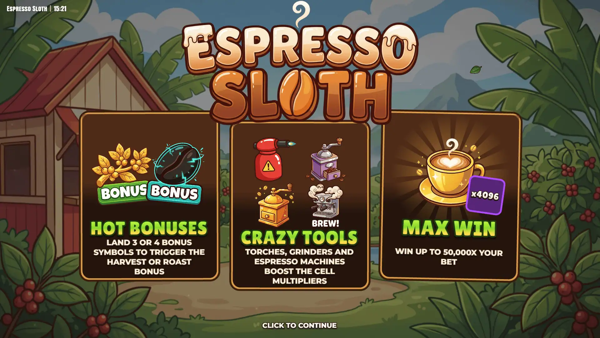 Espresso Sloth slot intro screen
