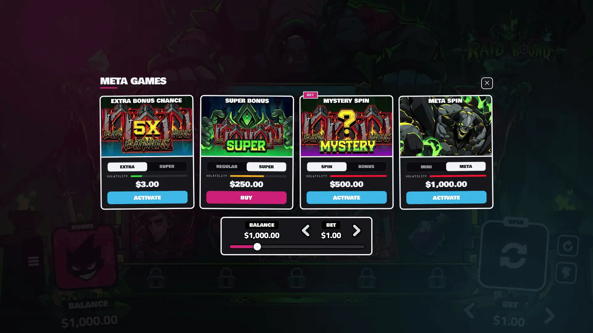 Raid Bound bonus buy menu