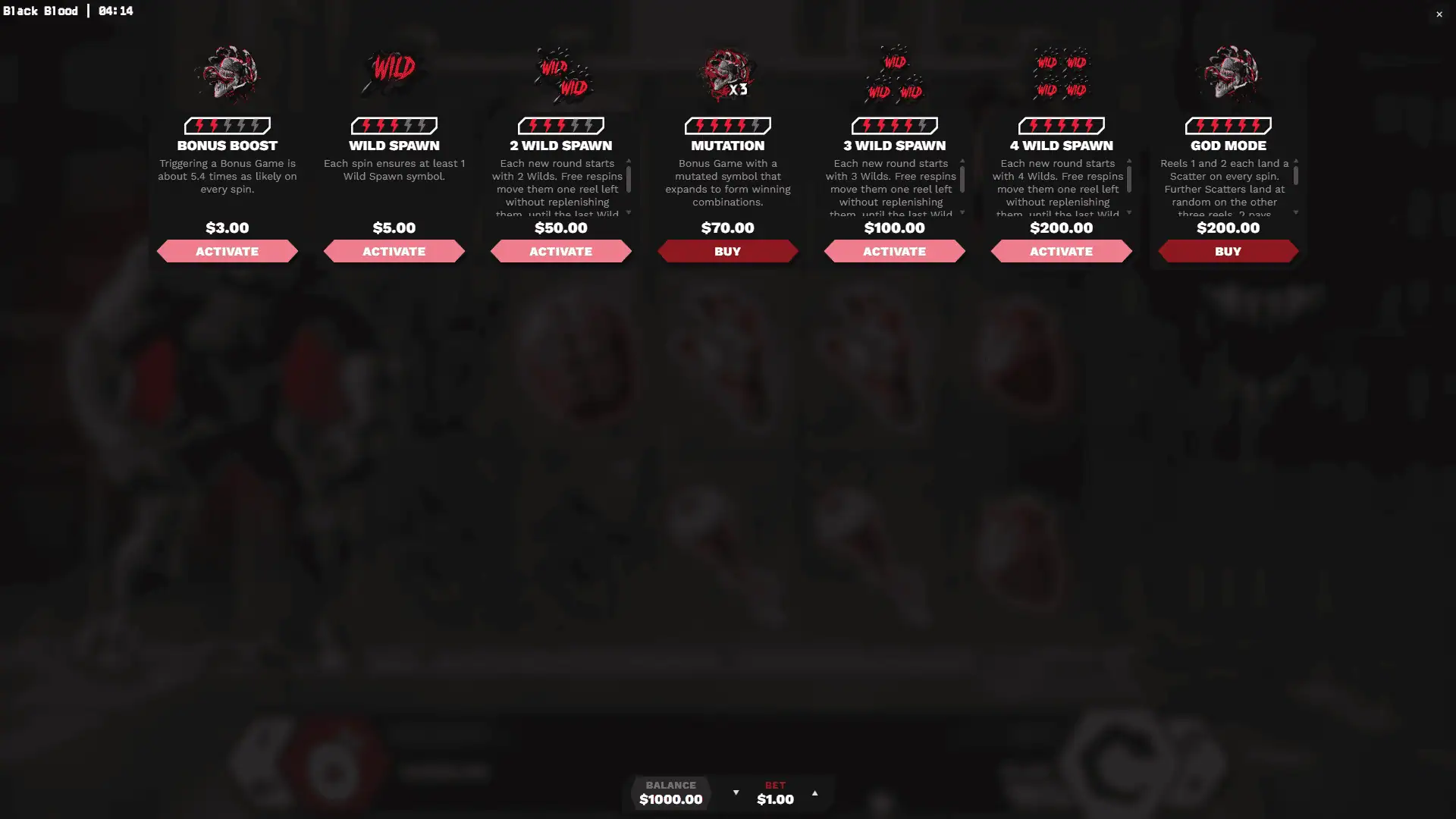 Black Blood bonus buy menu