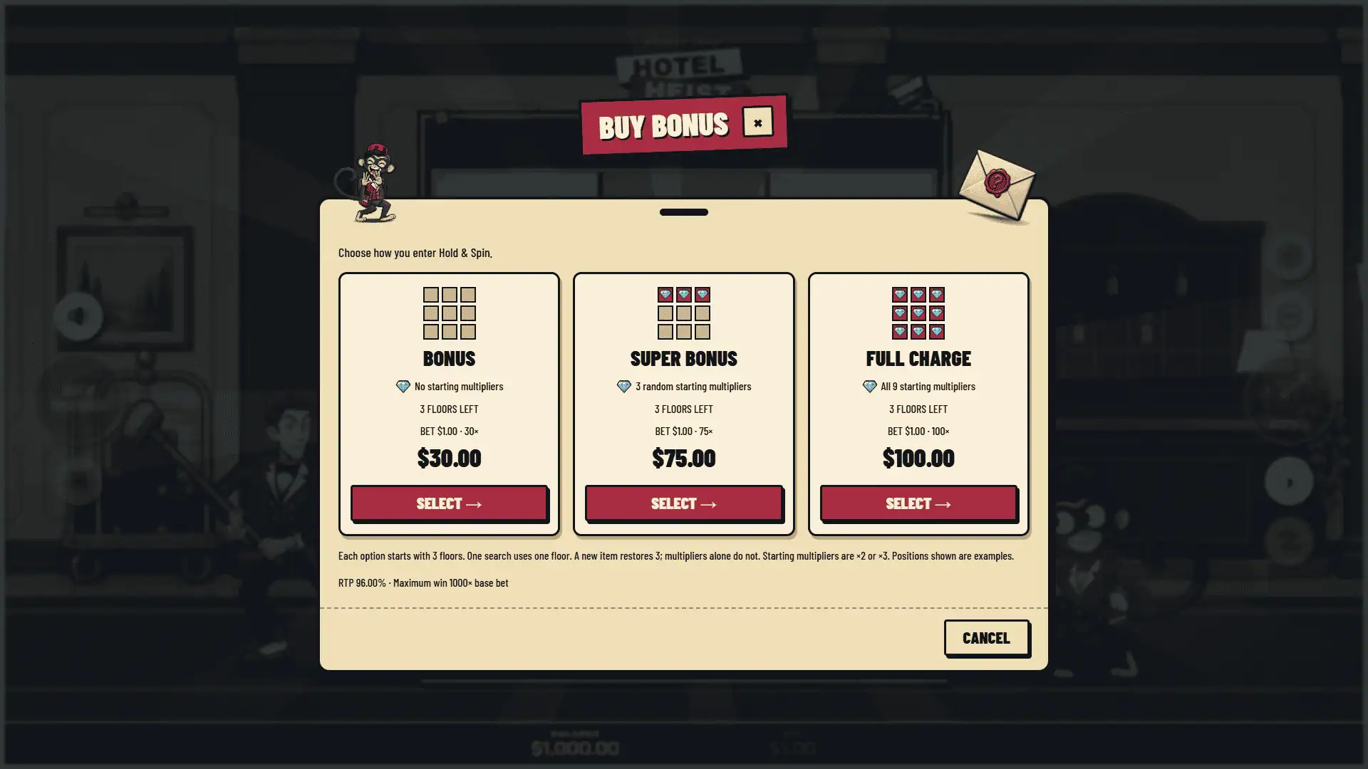Hotel Heist bonus buy menu