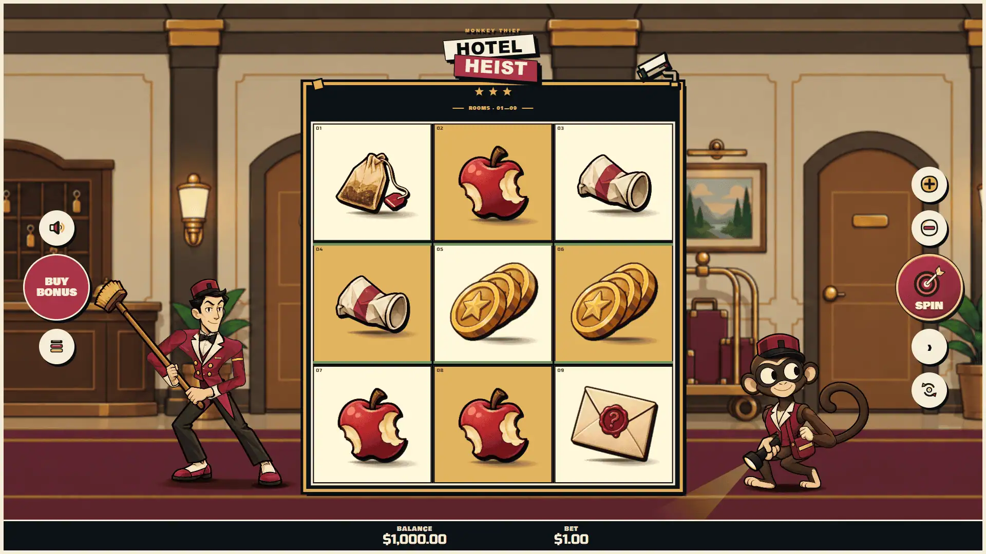 Hotel Heist slot 3 x 3 field of hotel rooms