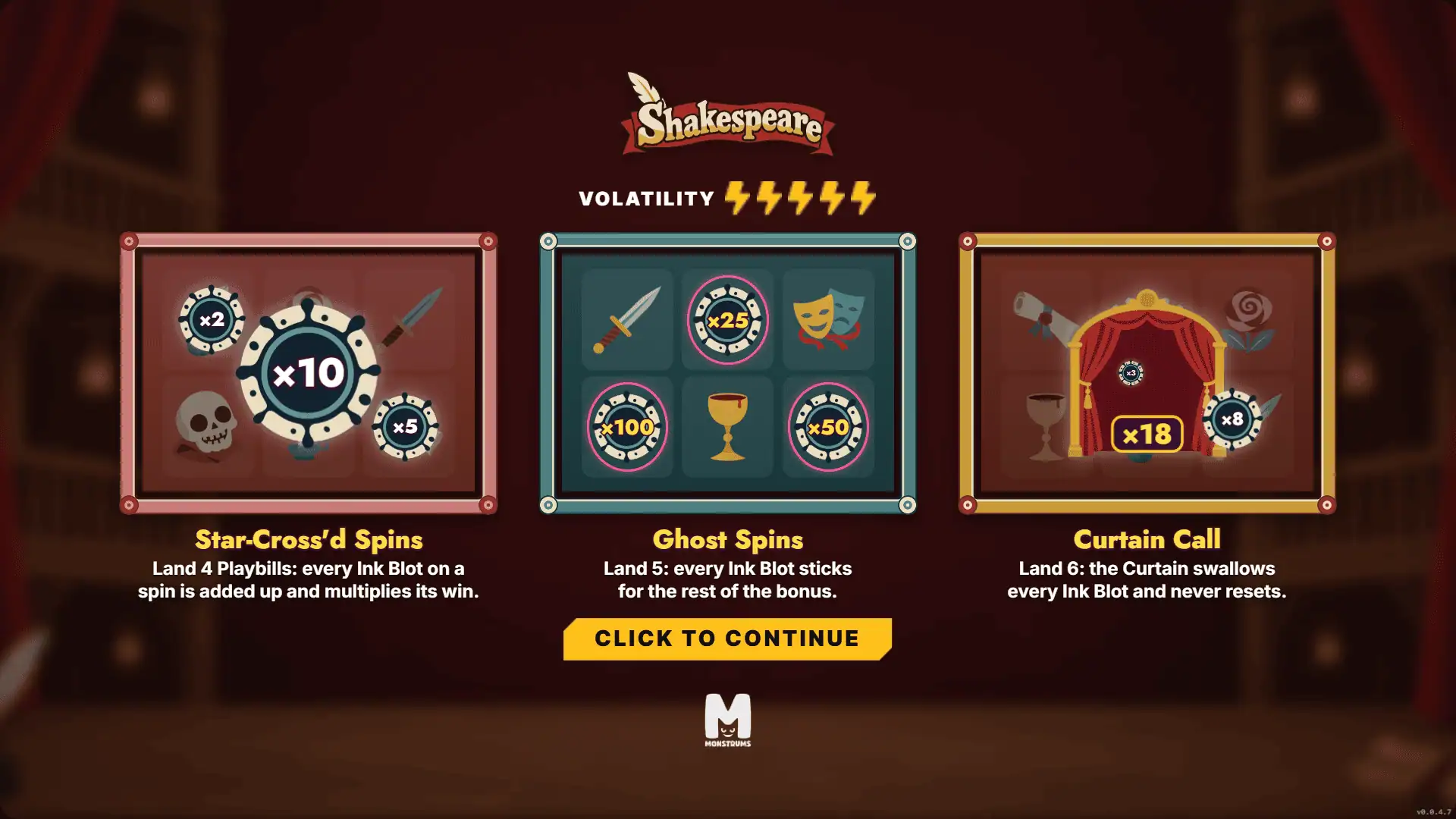 Shakespeare slot intro screen
