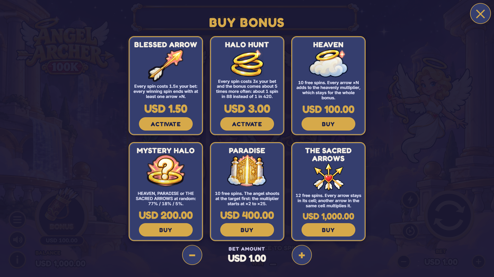 Angel Archer 100K bonus buy menu
