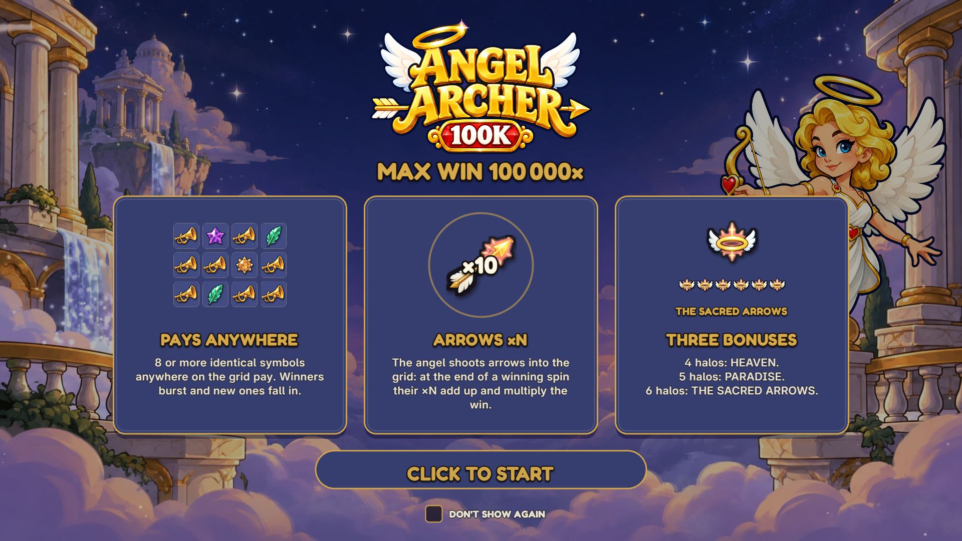 Angel Archer 100K slot intro screen