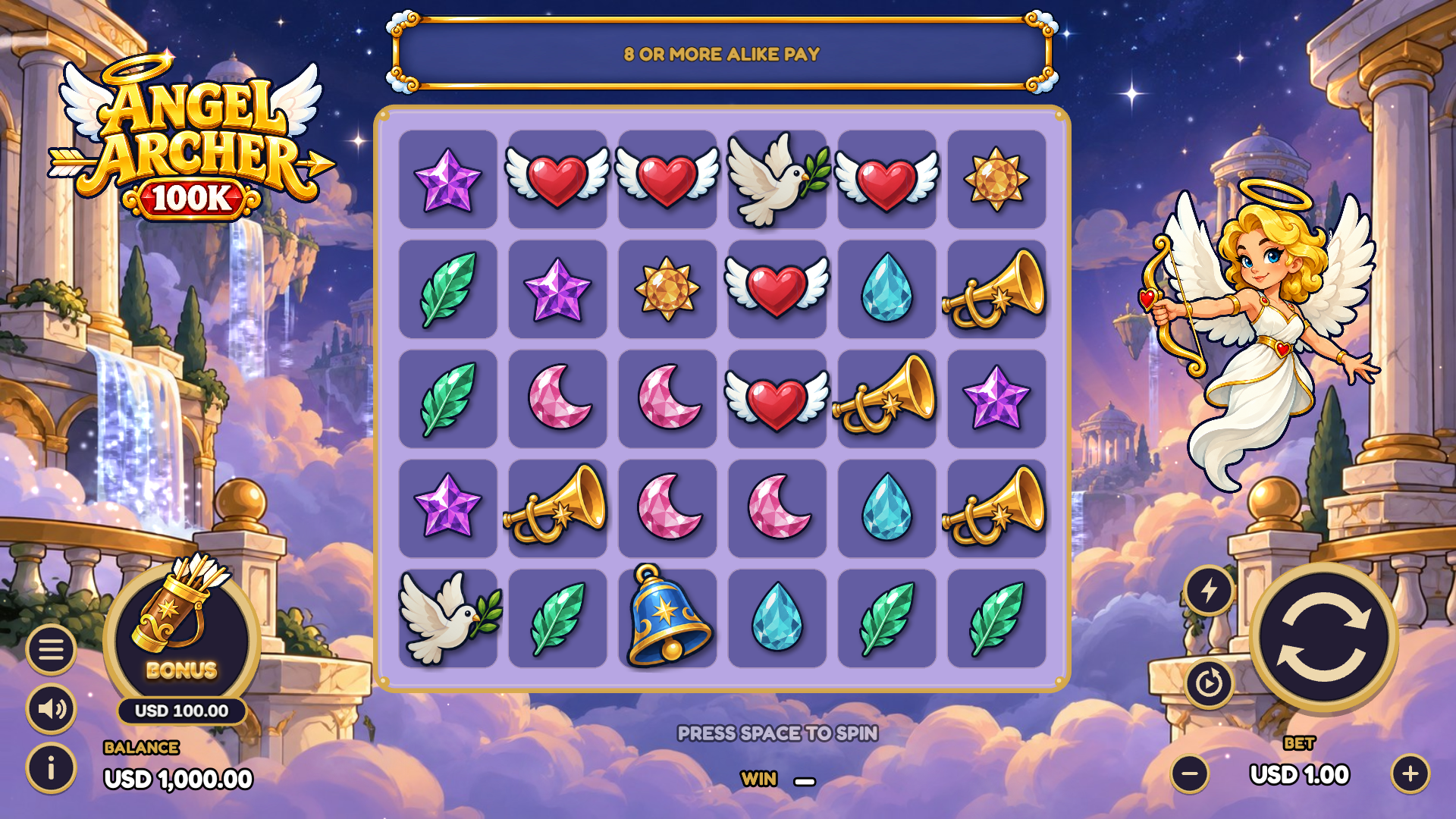 Angel Archer 100K slot gameplay reels