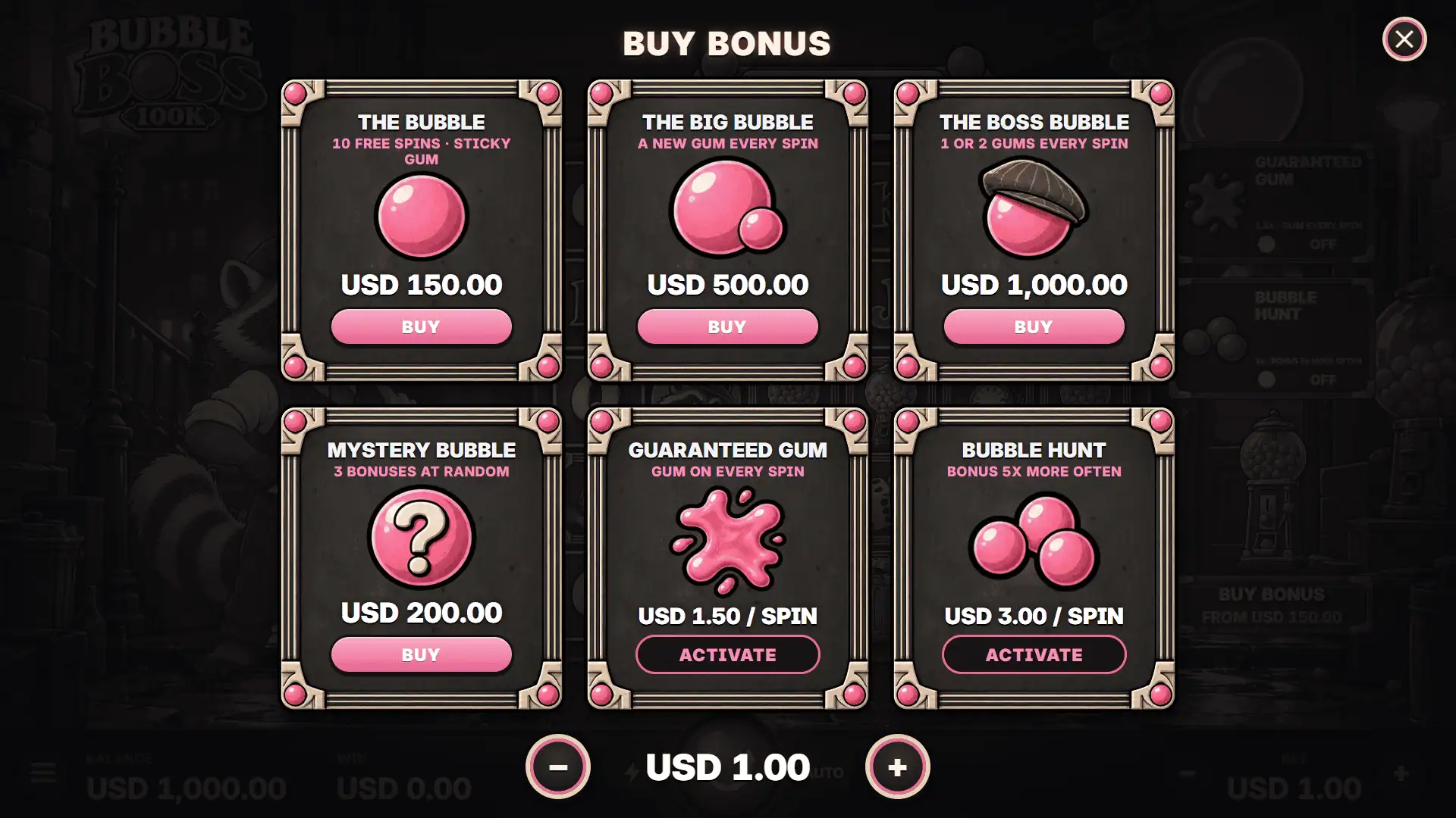 Bubble Boss 100K bonus buy menu