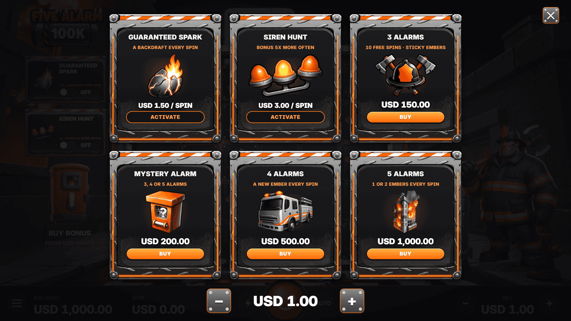 Five Alarm 100K bonus buy menu