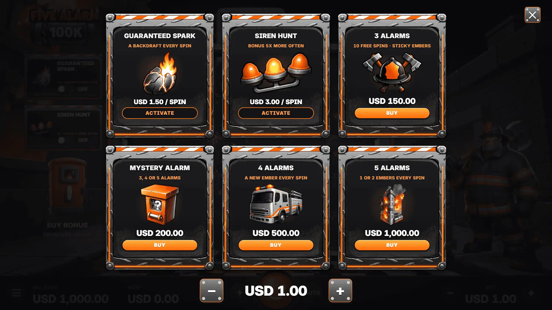 Five Alarm 100K bonus buy menu