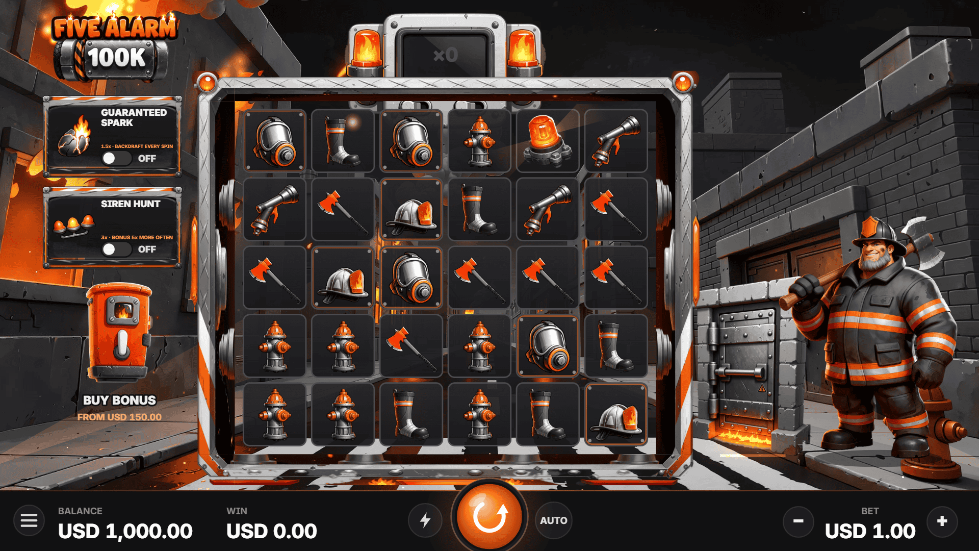 Five Alarm 100K slot gameplay reels