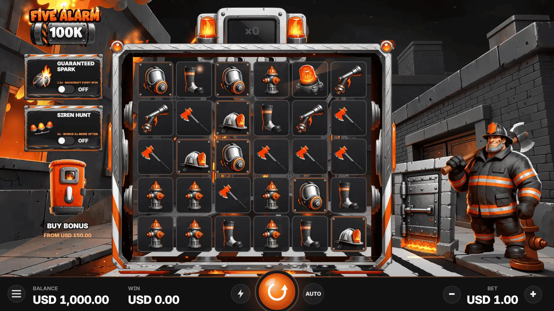 Five Alarm 100K slot gameplay reels